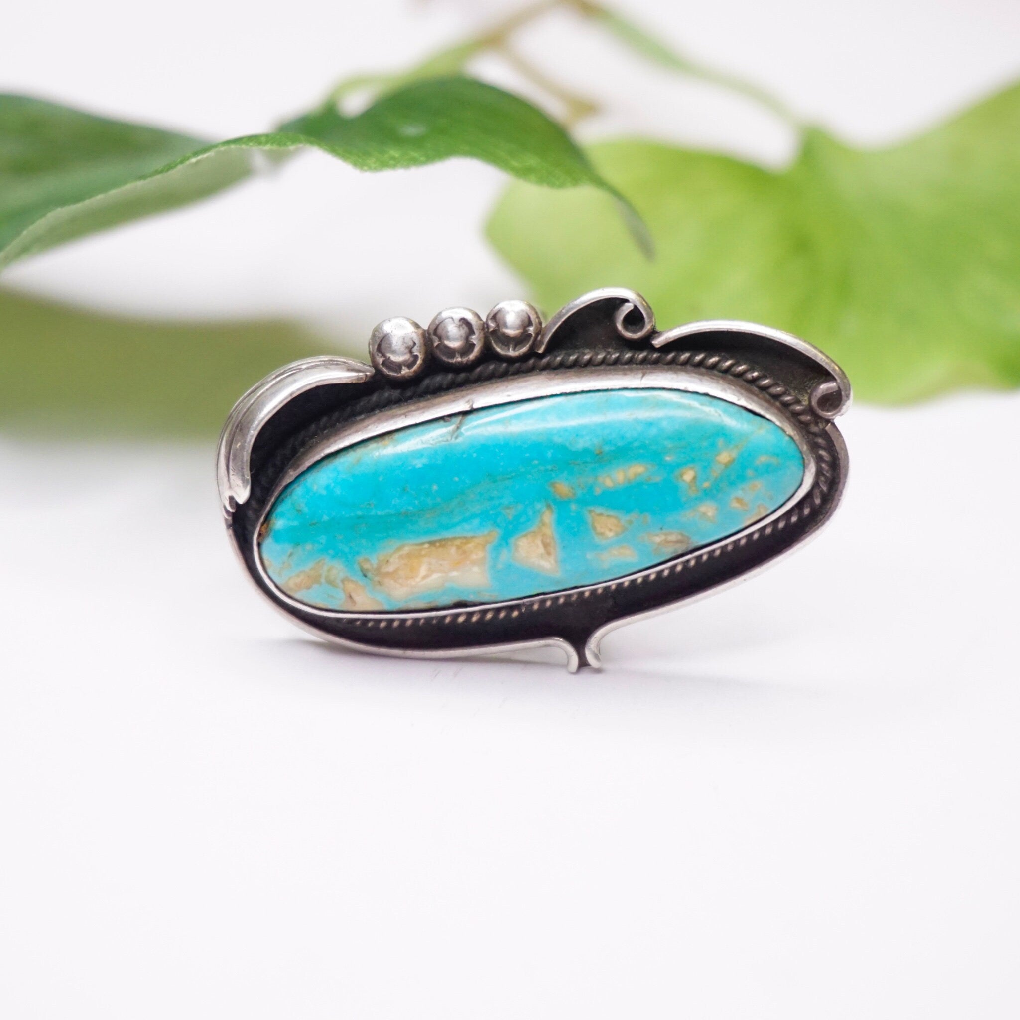 Vintage Turquoise And Sterling Silver Ring, Large Turquoise Stone Ring, Long Finger Silver Ring With Natural Turquoise Stone, 925 Jewelry