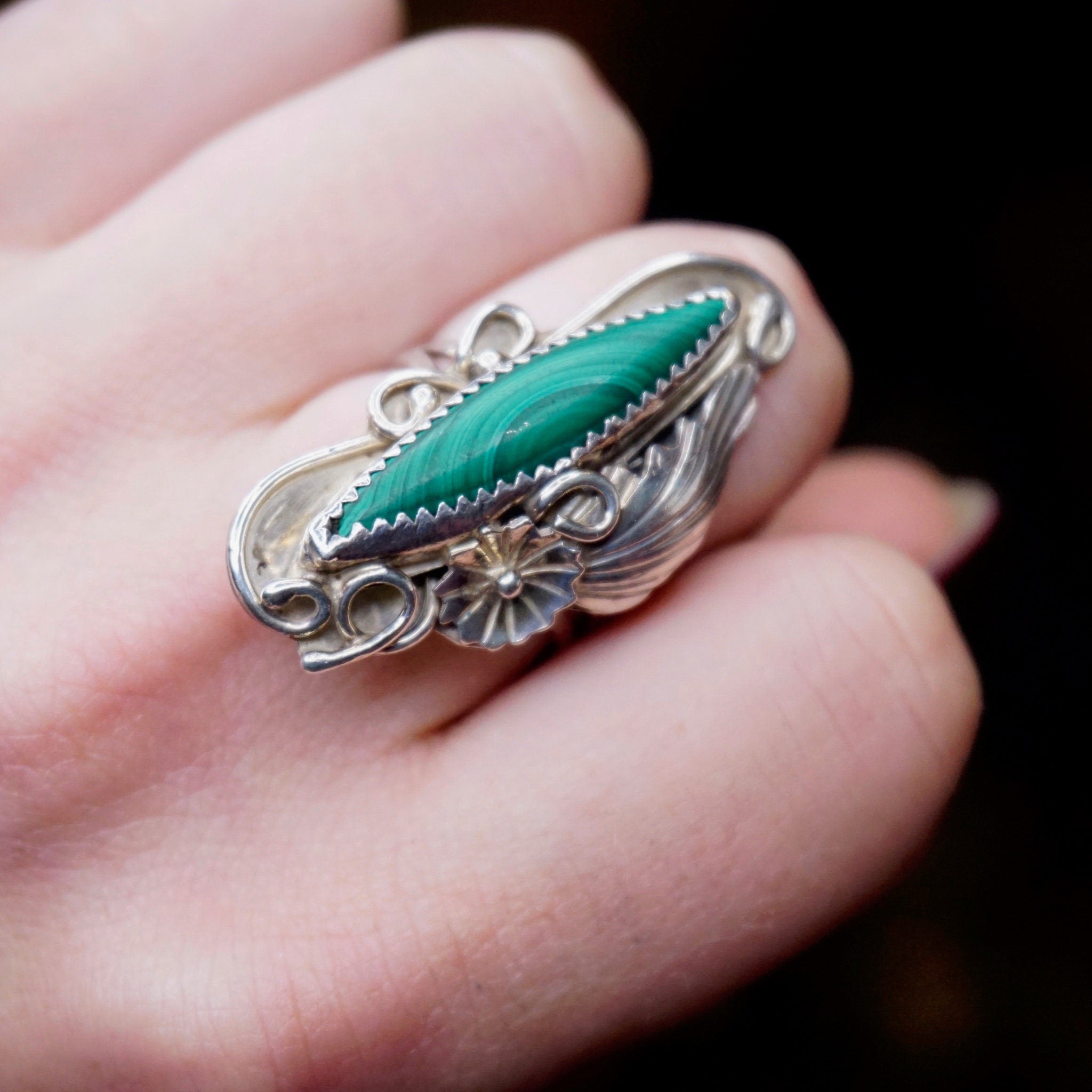 Vintage Silver Malachite Ring, Beautiful Long Finger Ring With Malachite And Silver Floral Embellishments, Native American Jewelry, 925