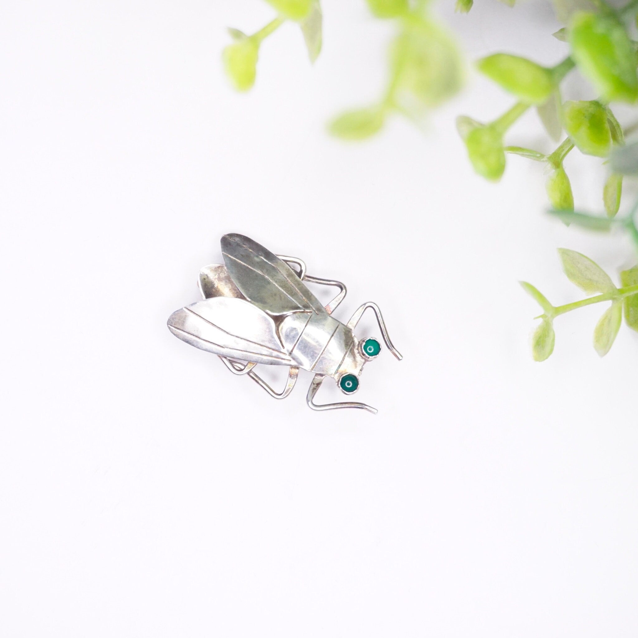 Vintage Peggy Johnson Insect Brooch, Sterling Silver Fly Brooch With Green Stone Eyes, Unique Bug Pin, Artisan Brooch, Nature Jewelry, 925