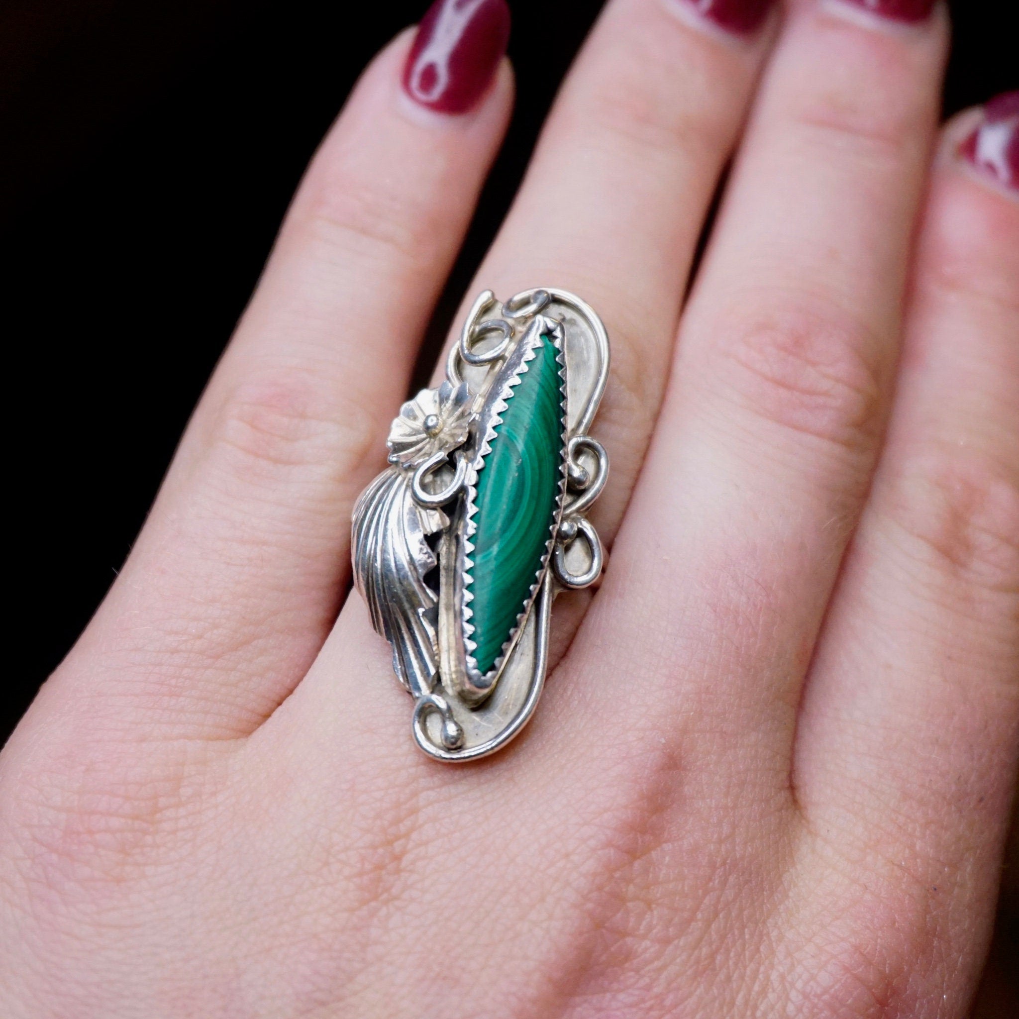 Vintage Silver Malachite Ring, Beautiful Long Finger Ring With Malachite And Silver Floral Embellishments, Native American Jewelry, 925