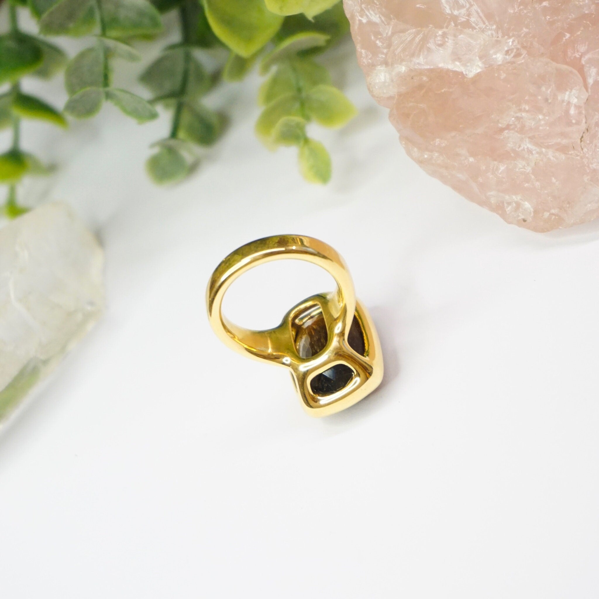 Vintage 14K gold tiger's eye ring featuring a large, rectangular cut tiger's eye stone set in a polished gold setting, crafted by Milor Italy using 14K gold over resin technique.