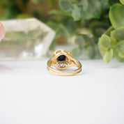 Vintage 14K Gold Blue Opal Ring, Opal Raised Stone Ring With Detailed Gold Setting, Petite Gold Ring With Small Opal Stone, Opalescent Ring