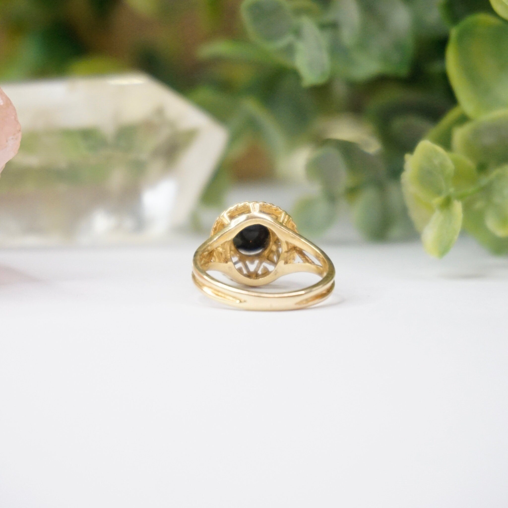 Vintage 14K Gold Blue Opal Ring, Opal Raised Stone Ring With Detailed Gold Setting, Petite Gold Ring With Small Opal Stone, Opalescent Ring