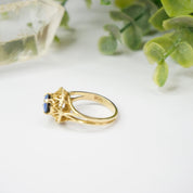Vintage 14K Gold Blue Opal Ring, Opal Raised Stone Ring With Detailed Gold Setting, Petite Gold Ring With Small Opal Stone, Opalescent Ring