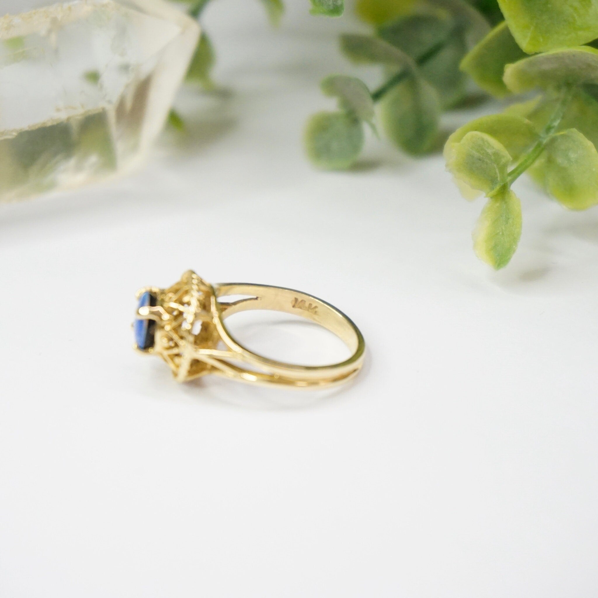 Vintage 14K Gold Blue Opal Ring, Opal Raised Stone Ring With Detailed Gold Setting, Petite Gold Ring With Small Opal Stone, Opalescent Ring