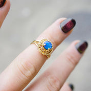 Vintage 14K Gold Blue Opal Ring, Opal Raised Stone Ring With Detailed Gold Setting, Petite Gold Ring With Small Opal Stone, Opalescent Ring