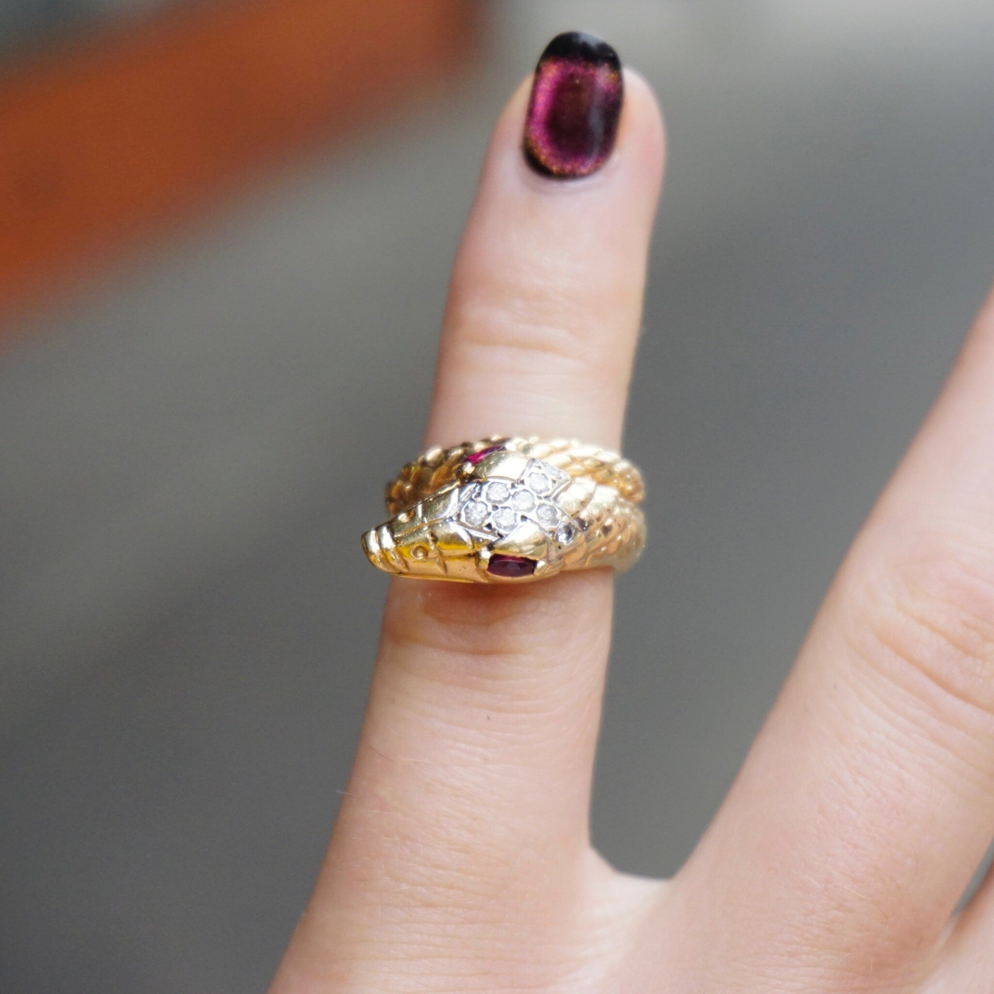 Vintage 14K Wrap Around Snake Ring With Ruby Eyes, Diamond Crusted Snake Ring With Red Eyes, Small 14K Snake Ring With Diamonds and Ruby's