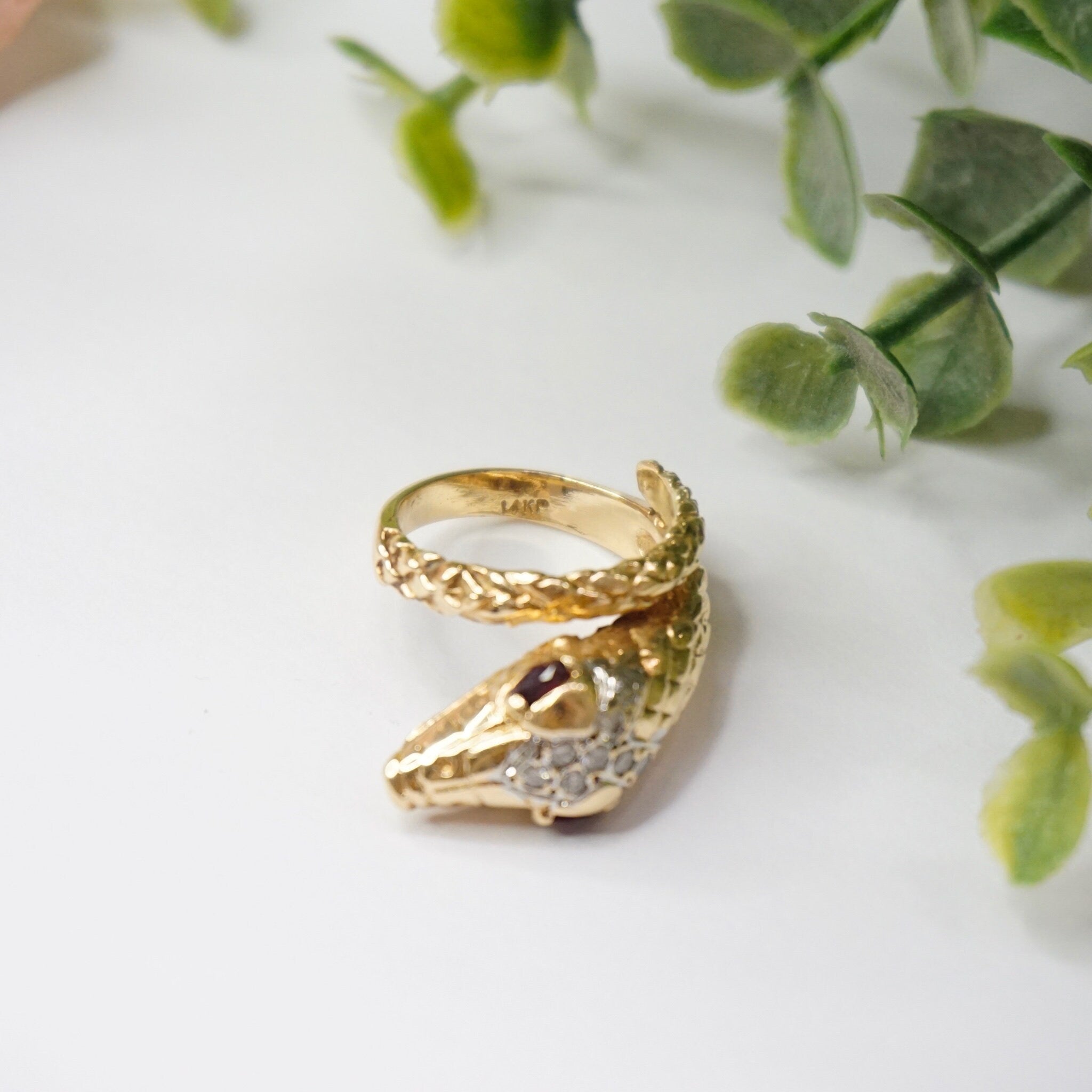Vintage 14K Wrap Around Snake Ring With Ruby Eyes, Diamond Crusted Snake Ring With Red Eyes, Small 14K Snake Ring With Diamonds and Ruby's