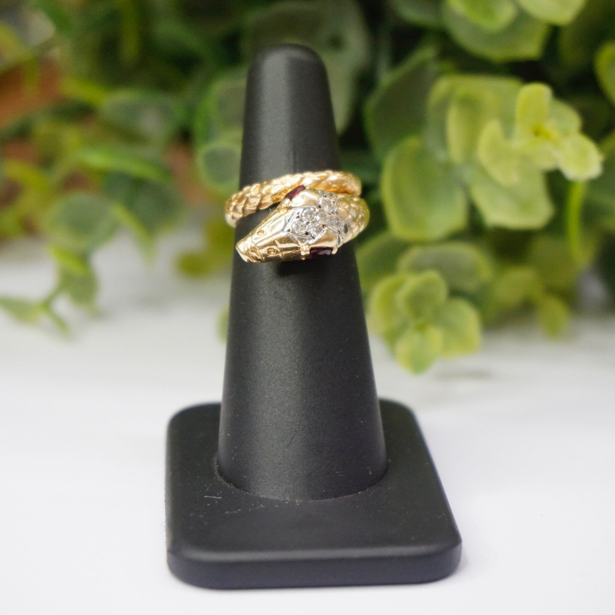 Vintage 14K Wrap Around Snake Ring With Ruby Eyes, Diamond Crusted Snake Ring With Red Eyes, Small 14K Snake Ring With Diamonds and Ruby's