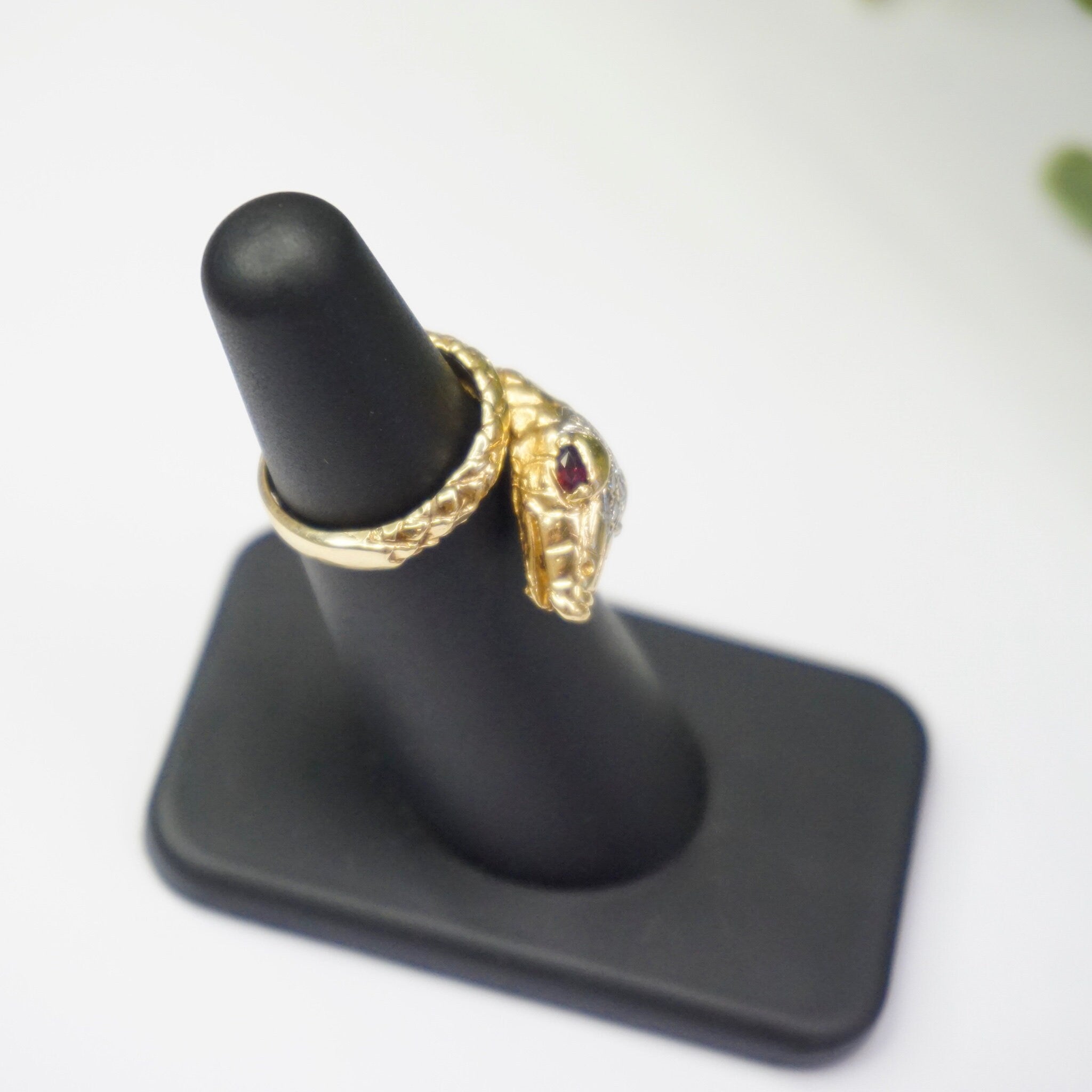 Vintage 14K Wrap Around Snake Ring With Ruby Eyes, Diamond Crusted Snake Ring With Red Eyes, Small 14K Snake Ring With Diamonds and Ruby's