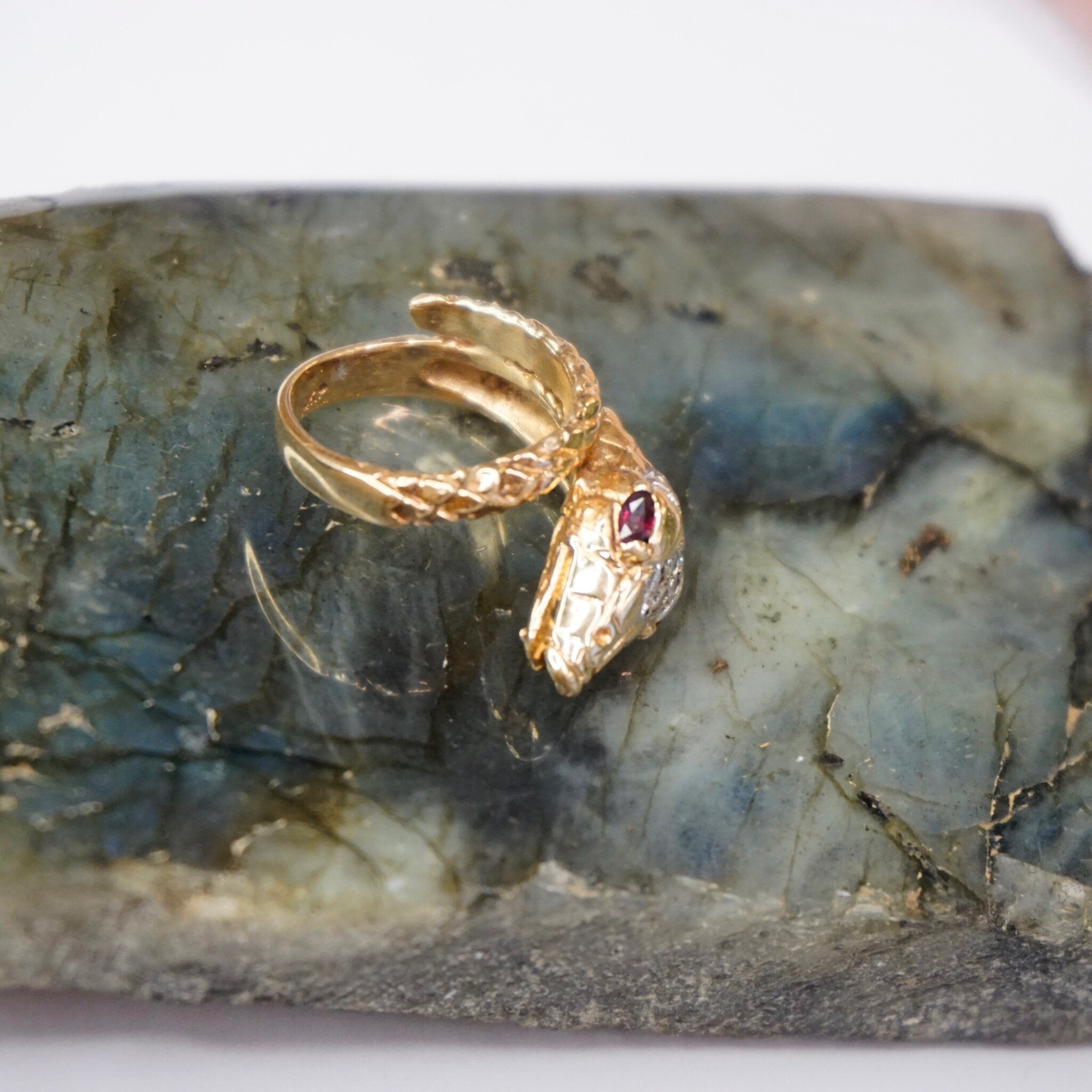 Vintage 14K Wrap Around Snake Ring With Ruby Eyes, Diamond Crusted Snake Ring With Red Eyes, Small 14K Snake Ring With Diamonds and Ruby's