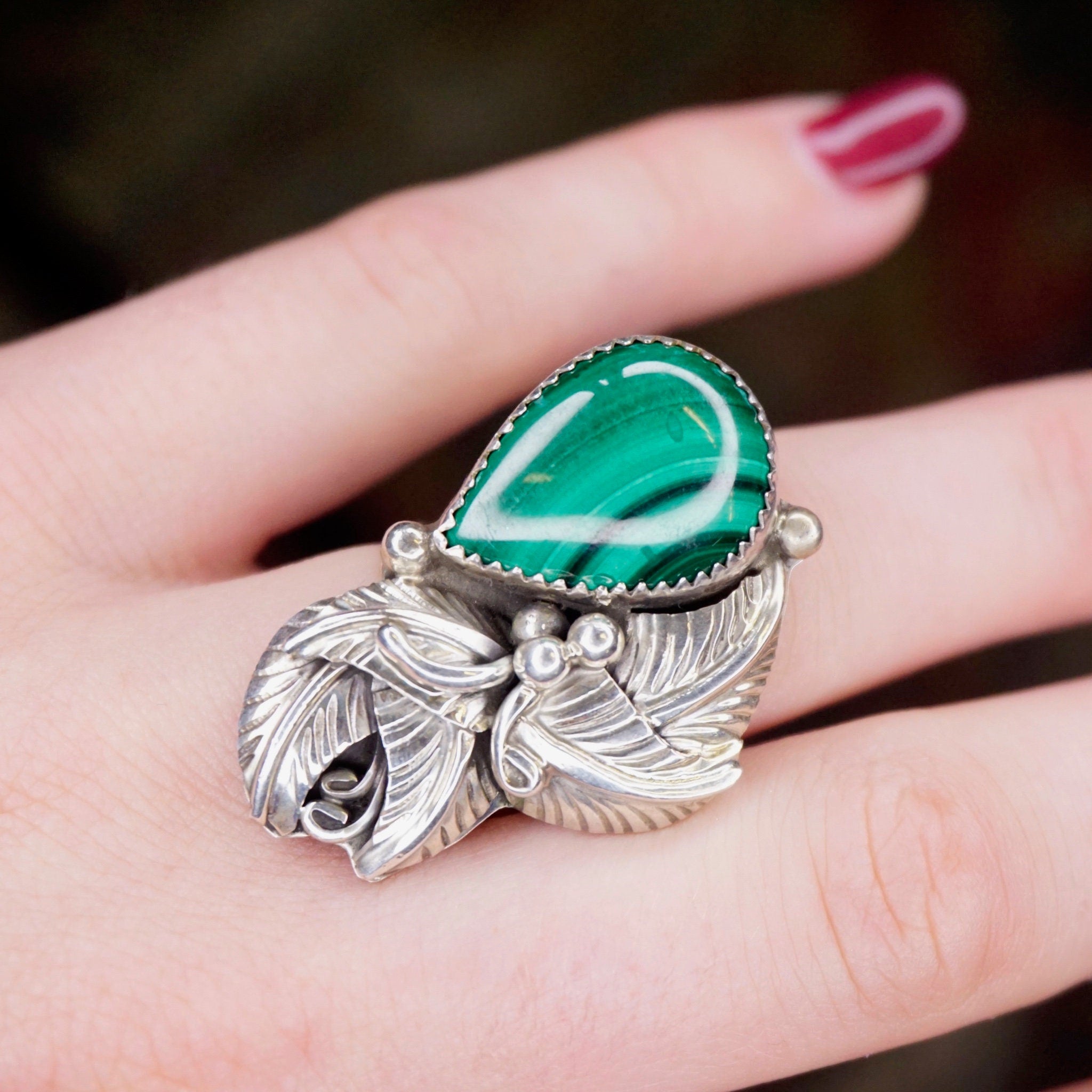 Leaf Ring With Tear Drop Stone, Native American Malachite Ring, Old Pawn