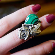 Vintage Malachite And Sterling Silver Ring, Embellished Feather/Leaf Ring With Tear Drop Stone, Native American Malachite Ring, Old Pawn