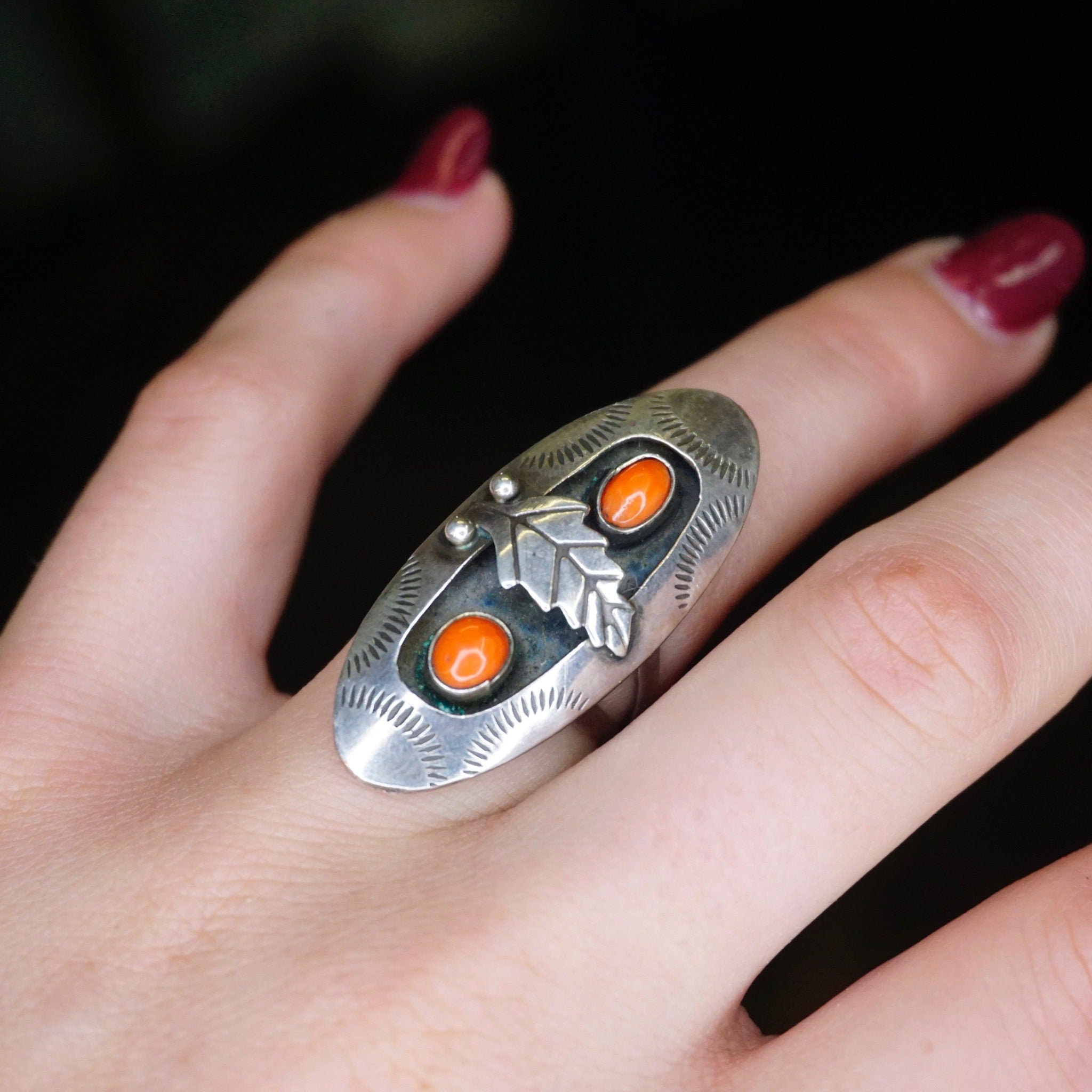 Vintage Silver Ring With Coral, Long Sterling Silver Leaf Ring With Accent Red Stones, Long Finger Ring, Native American Jewelry, 925