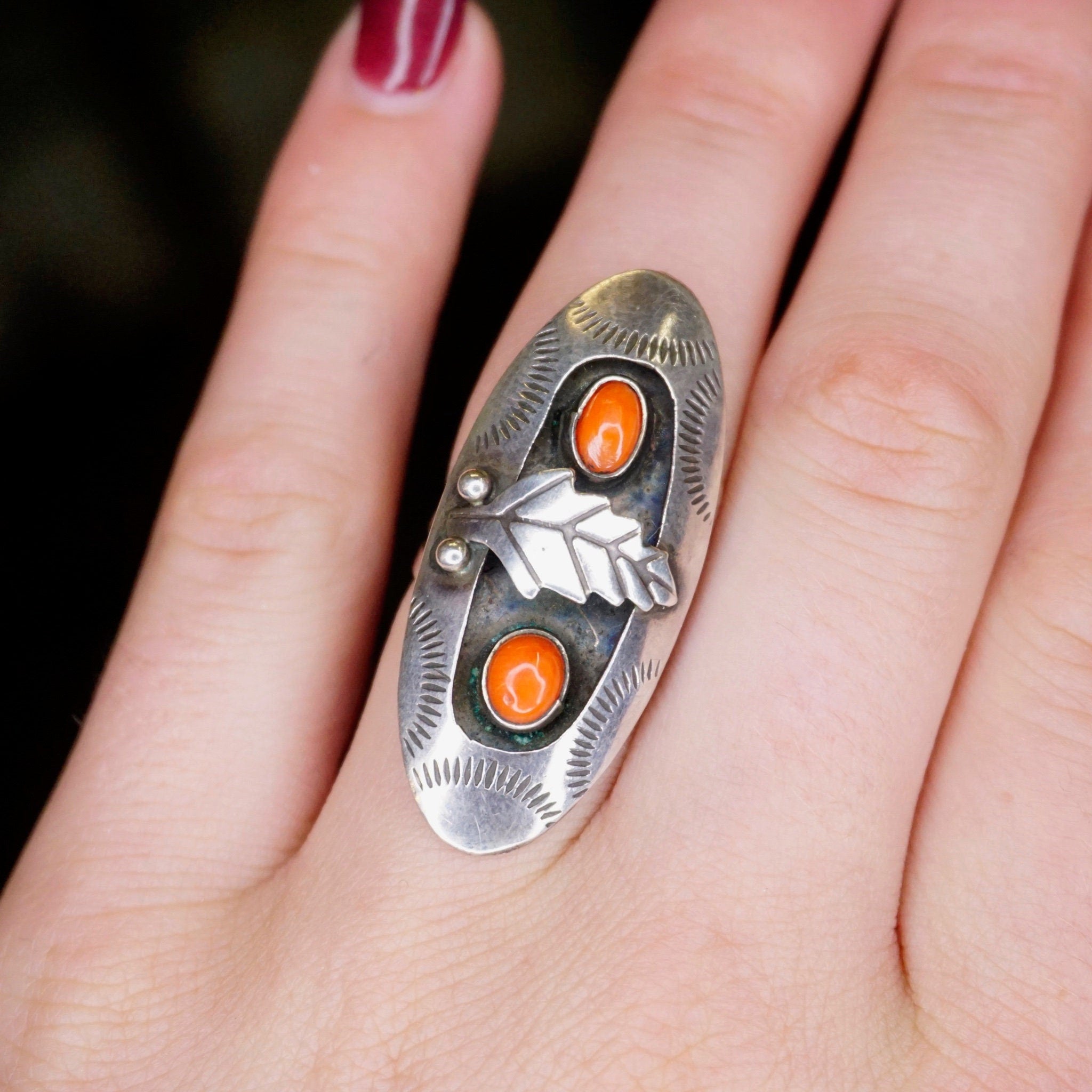 Vintage Silver Ring With Coral, Long Sterling Silver Leaf Ring With Accent Red Stones, Long Finger Ring, Native American Jewelry, 925