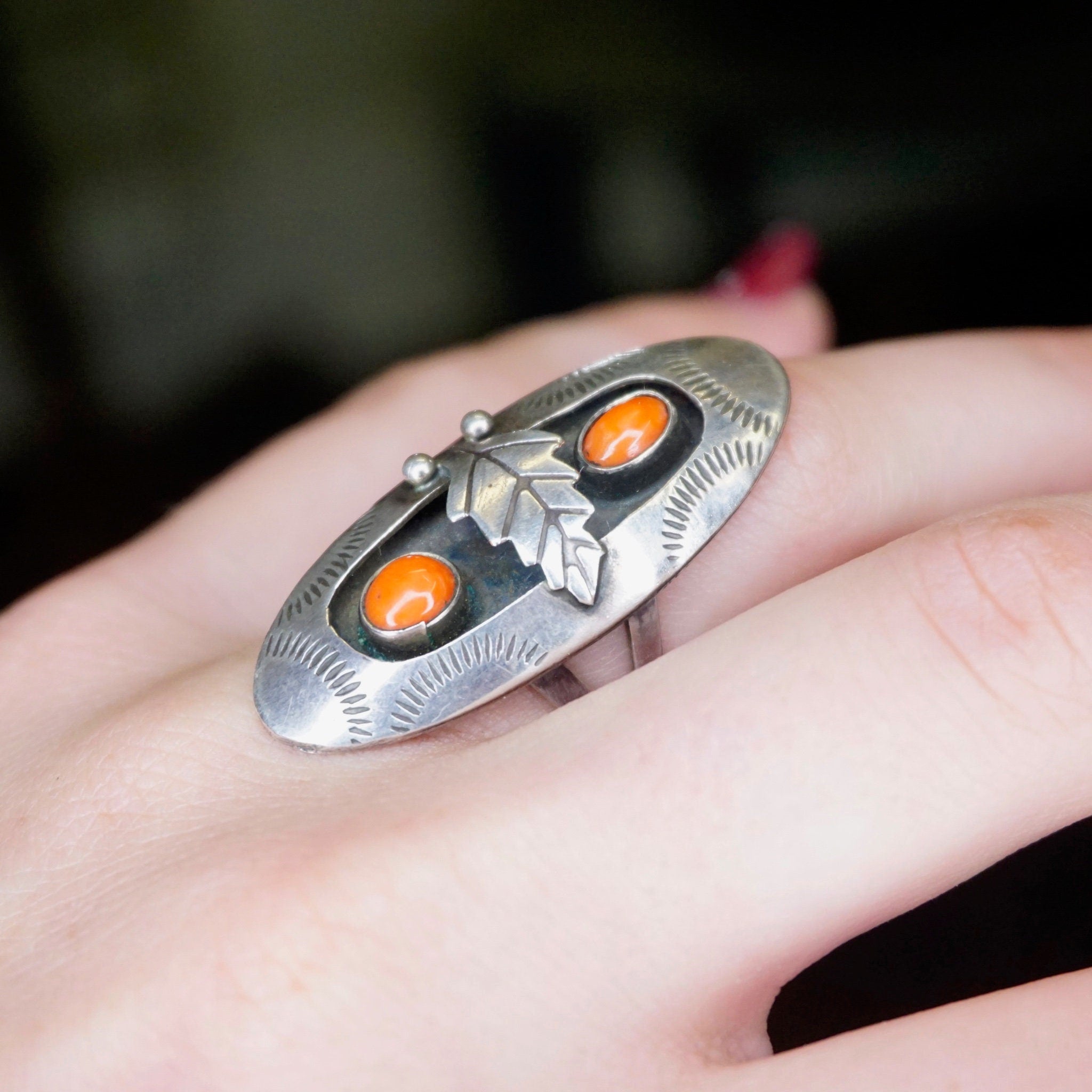 Vintage Silver Ring With Coral, Long Sterling Silver Leaf Ring With Accent Red Stones, Long Finger Ring, Native American Jewelry, 925