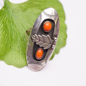 Vintage Silver Ring With Coral, Long Sterling Silver Leaf Ring With Accent Red Stones, Long Finger Ring, Native American Jewelry, 925