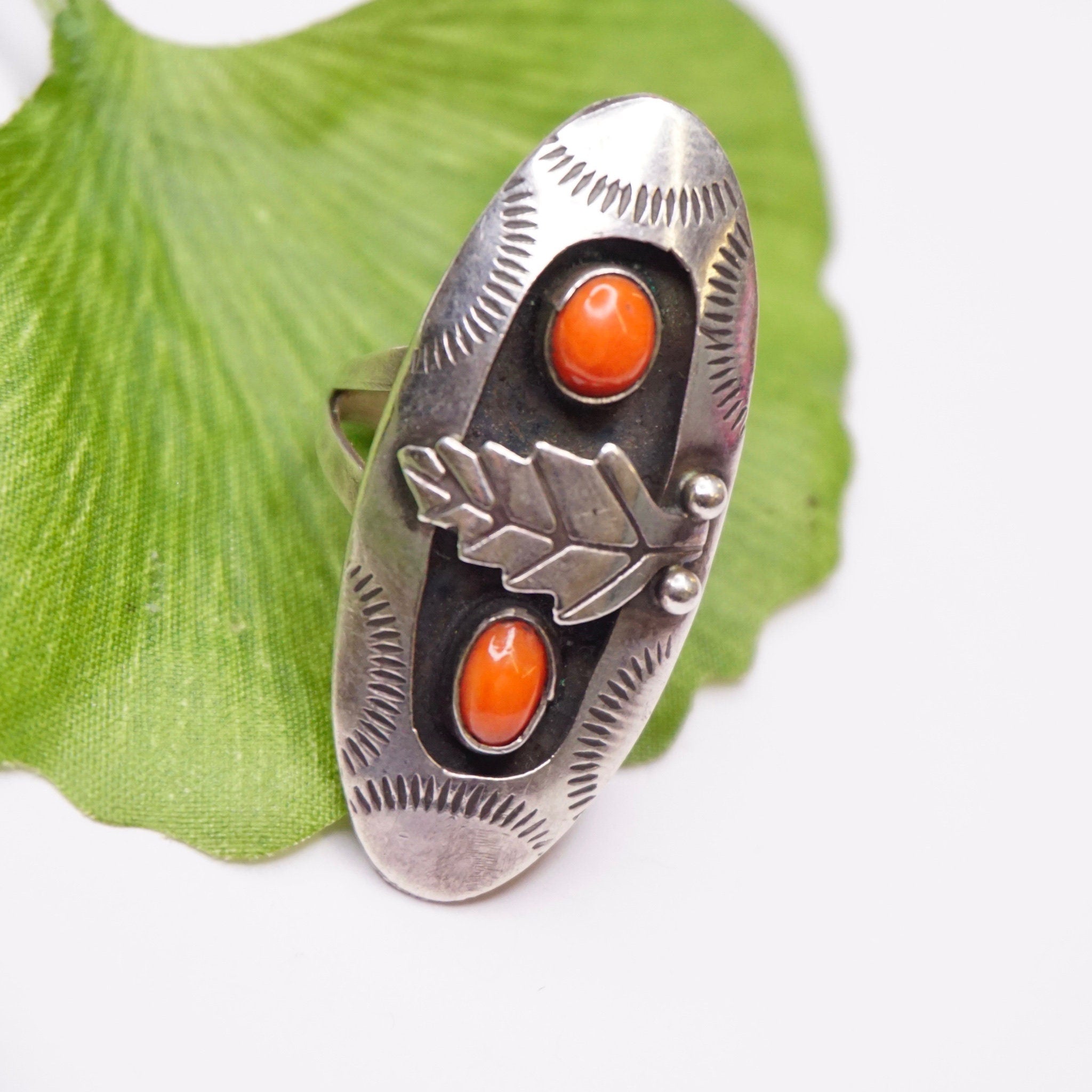 Vintage Silver Ring With Coral, Long Sterling Silver Leaf Ring With Accent Red Stones, Long Finger Ring, Native American Jewelry, 925