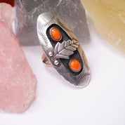 Vintage Silver Ring With Coral, Long Sterling Silver Leaf Ring With Accent Red Stones, Long Finger Ring, Native American Jewelry, 925