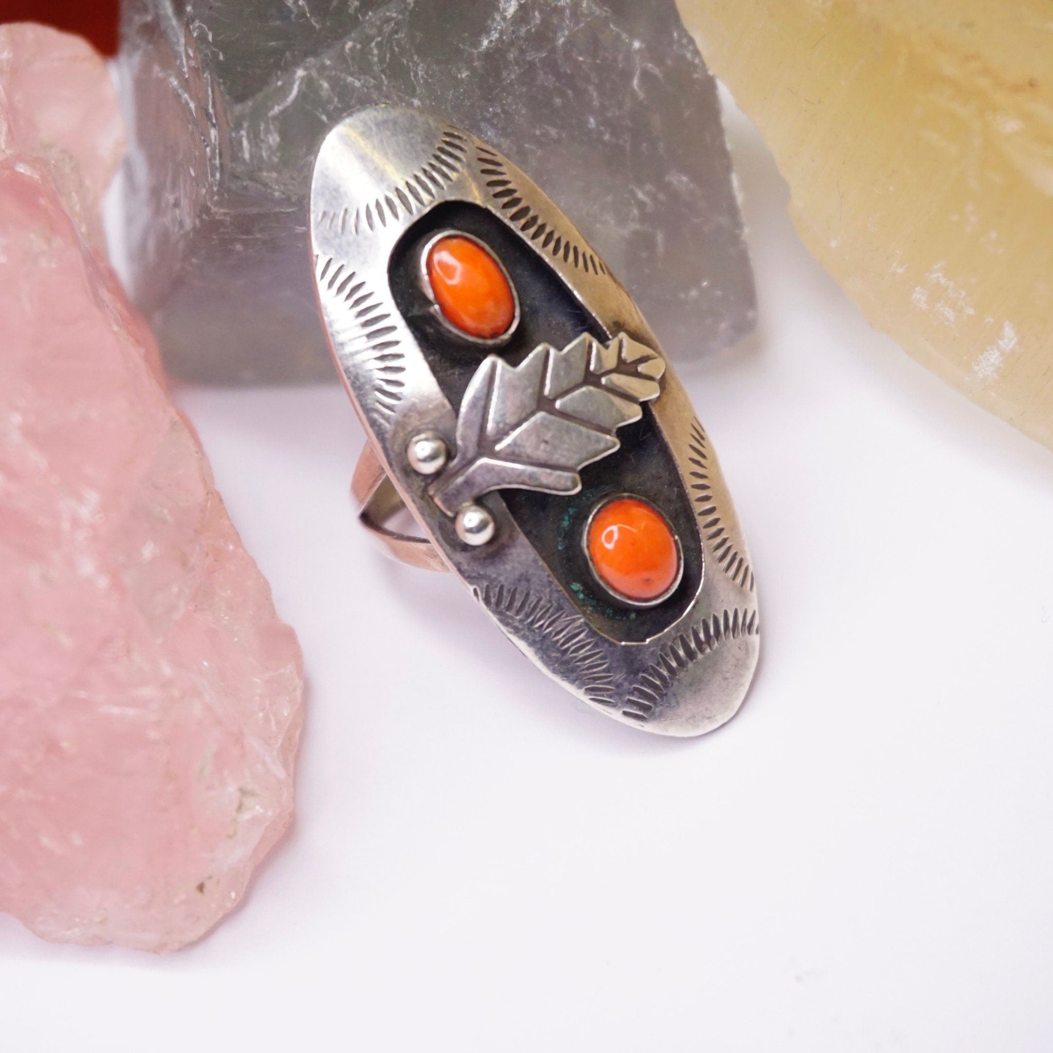 Vintage Silver Ring With Coral, Long Sterling Silver Leaf Ring With Accent Red Stones, Long Finger Ring, Native American Jewelry, 925