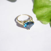 Vintage 14K Gold Blue Topaz Ring, Raised Trillion Cut Blue Topaz With Yellow Gold Setting, Thailand Blue Topaz Cocktail Ring, 14K Jewelry