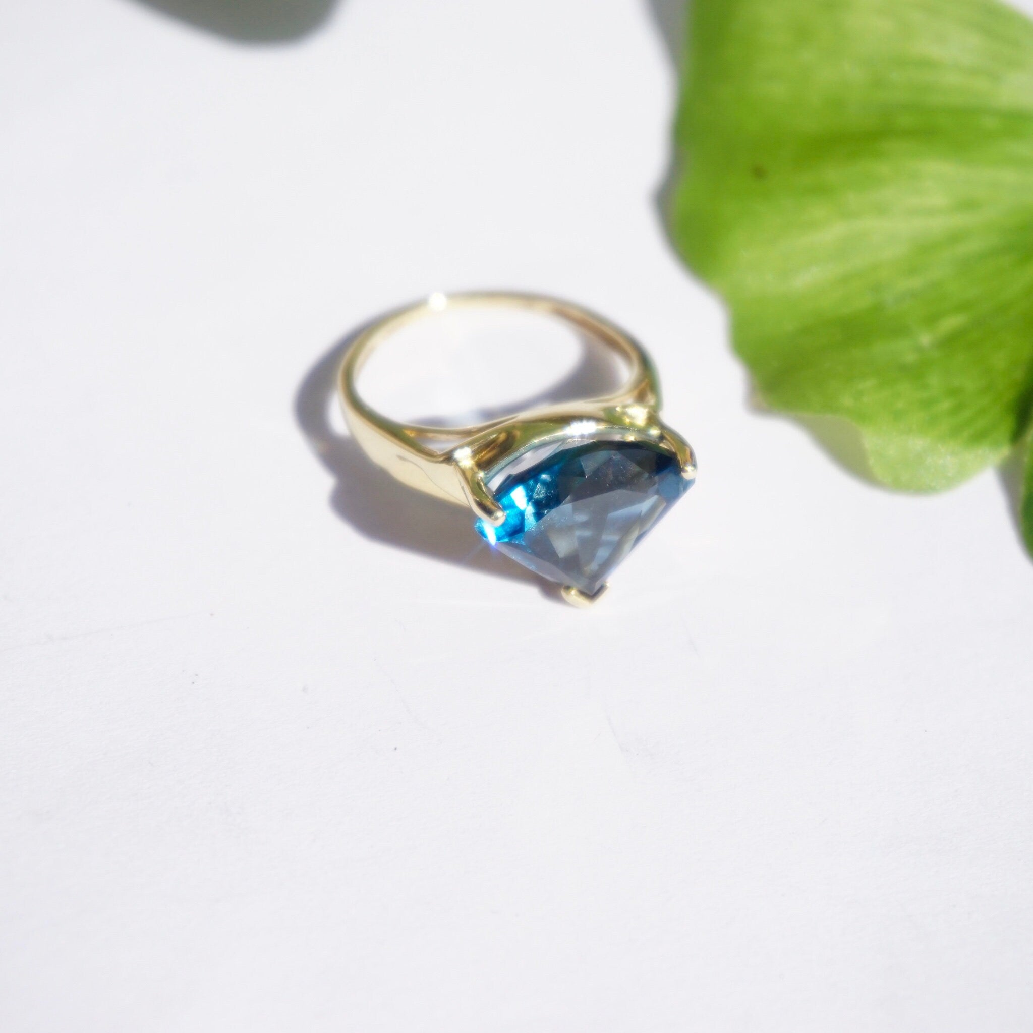 Vintage 14K Gold Blue Topaz Ring, Raised Trillion Cut Blue Topaz With Yellow Gold Setting, Thailand Blue Topaz Cocktail Ring, 14K Jewelry