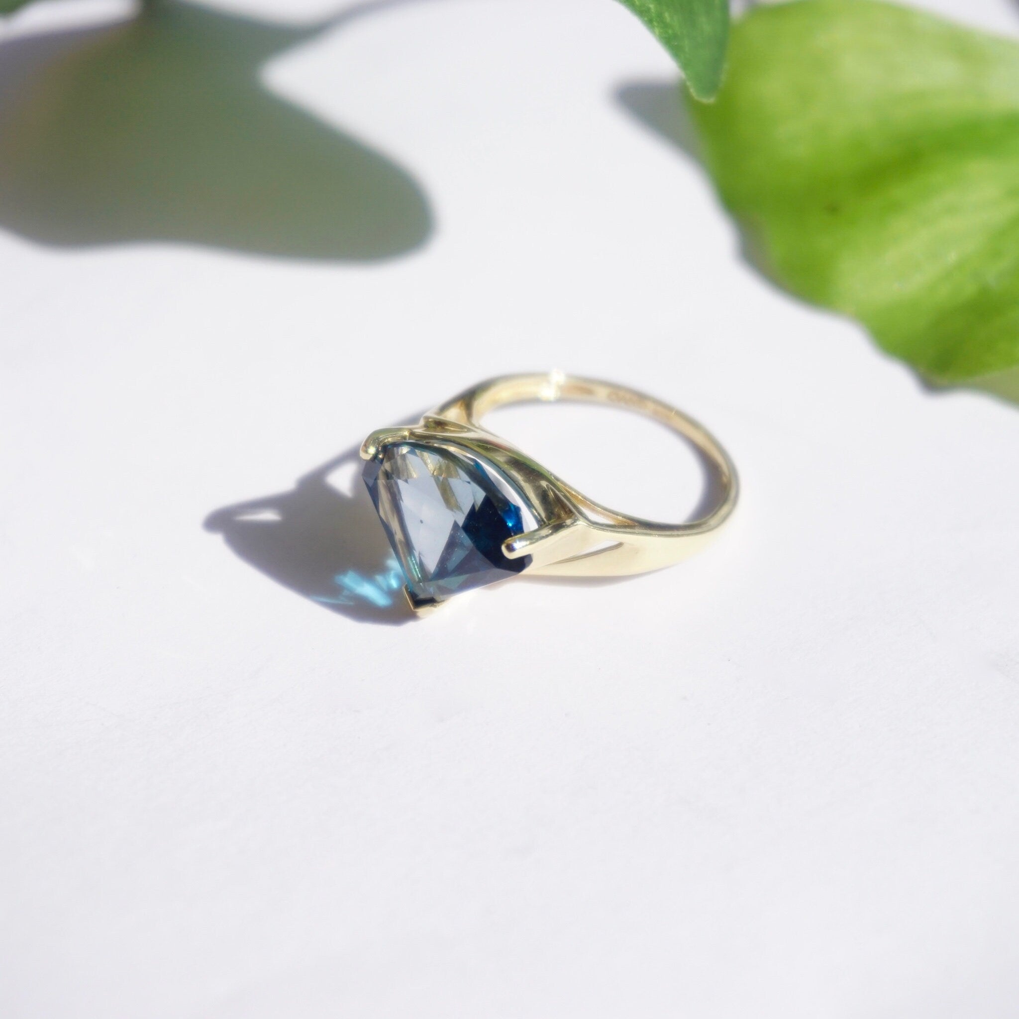 Vintage 14K Gold Blue Topaz Ring, Raised Trillion Cut Blue Topaz With Yellow Gold Setting, Thailand Blue Topaz Cocktail Ring, 14K Jewelry