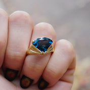 Vintage 14K Gold Blue Topaz Ring, Raised Trillion Cut Blue Topaz With Yellow Gold Setting, Thailand Blue Topaz Cocktail Ring, 14K Jewelry