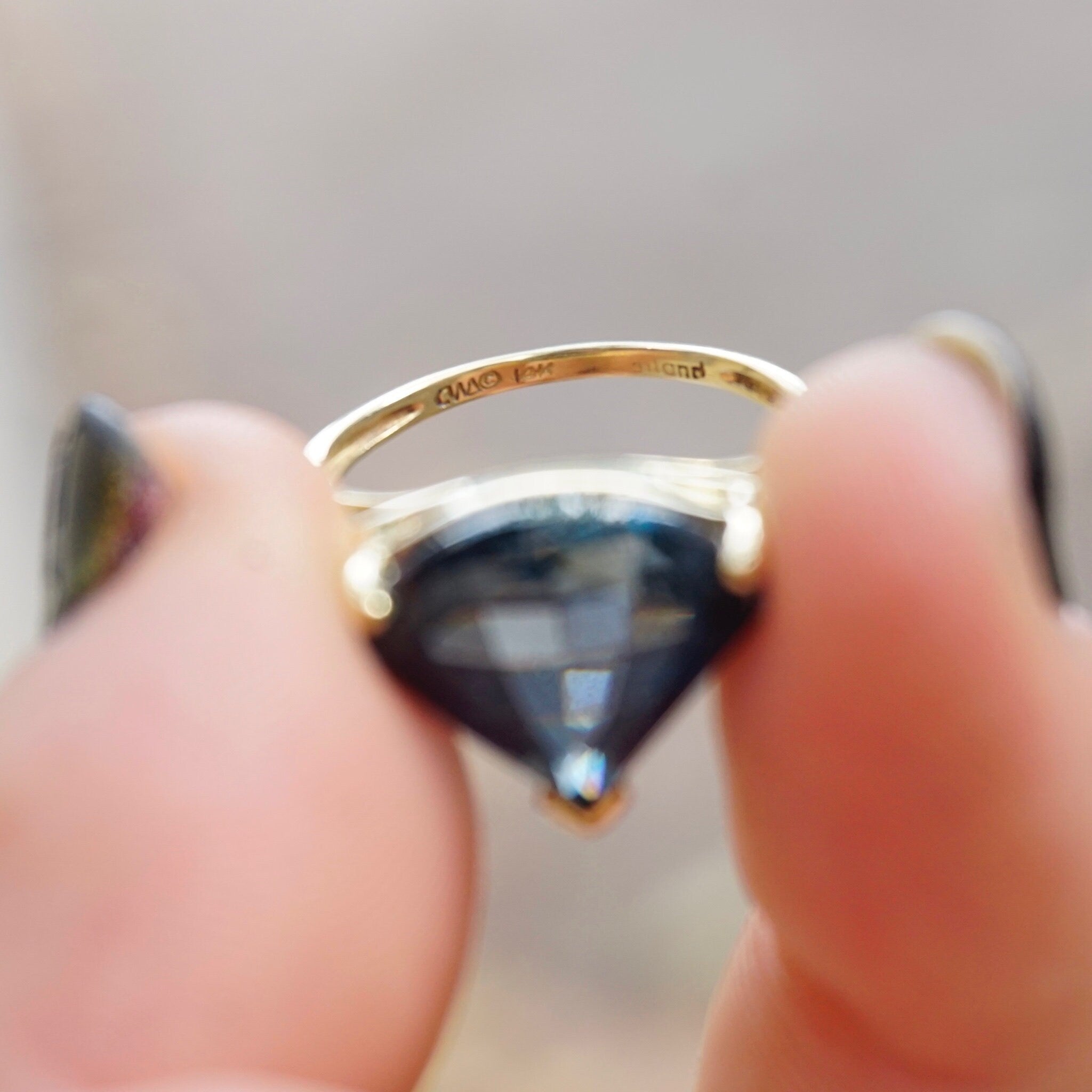 Vintage 14K Gold Blue Topaz Ring, Raised Trillion Cut Blue Topaz With Yellow Gold Setting, Thailand Blue Topaz Cocktail Ring, 14K Jewelry