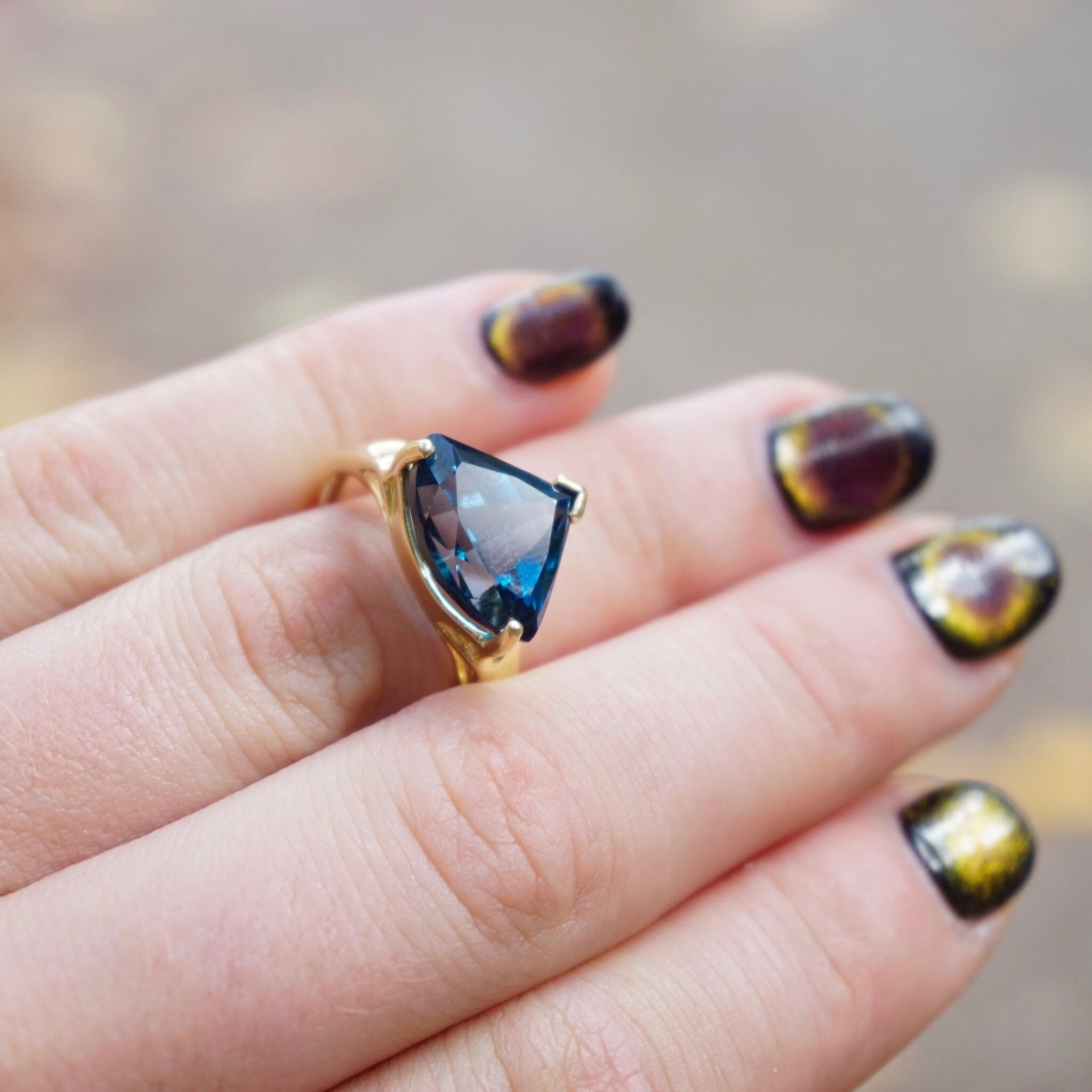 Vintage 14K Gold Blue Topaz Ring, Raised Trillion Cut Blue Topaz With Yellow Gold Setting, Thailand Blue Topaz Cocktail Ring, 14K Jewelry