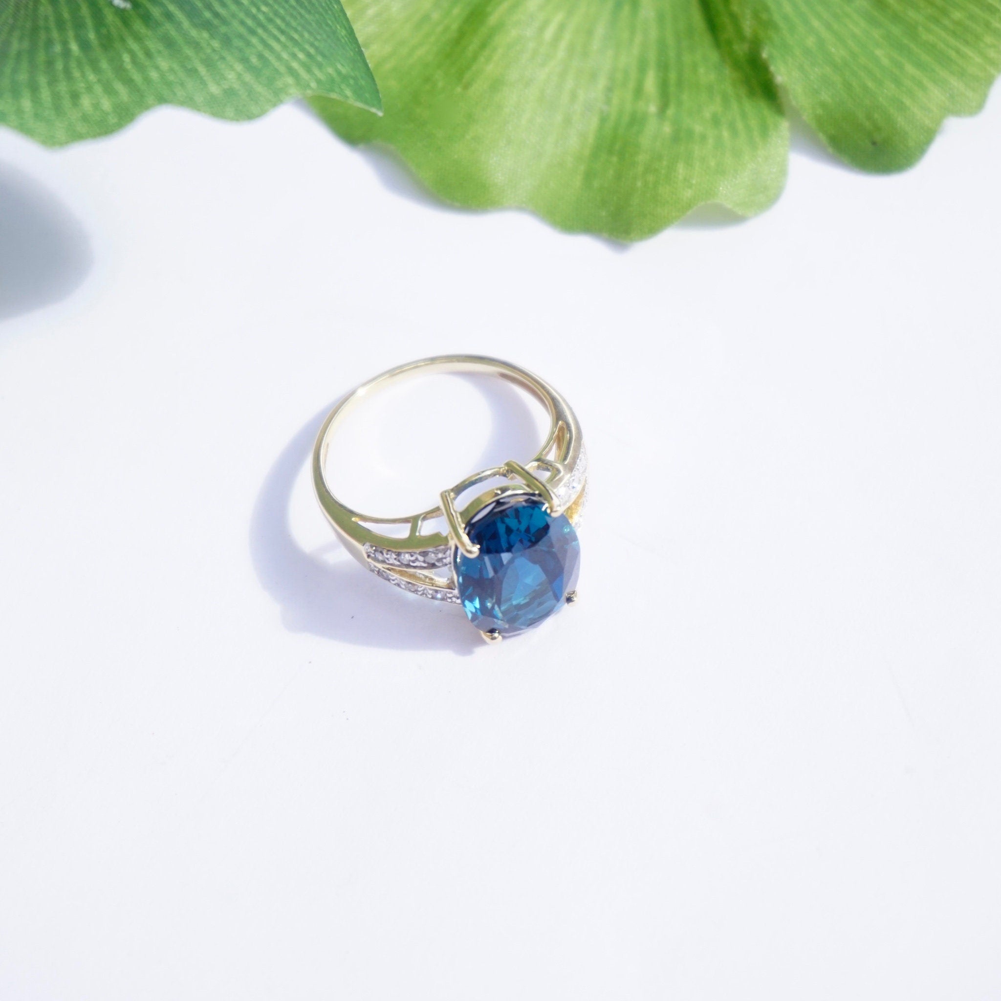 Vintage 14k Gold Aquamarine/Blue Topaz Ring With Accent Diamonds, Gold Cocktail Ring With Raised Stone and Diamonds, 14K Jewelry