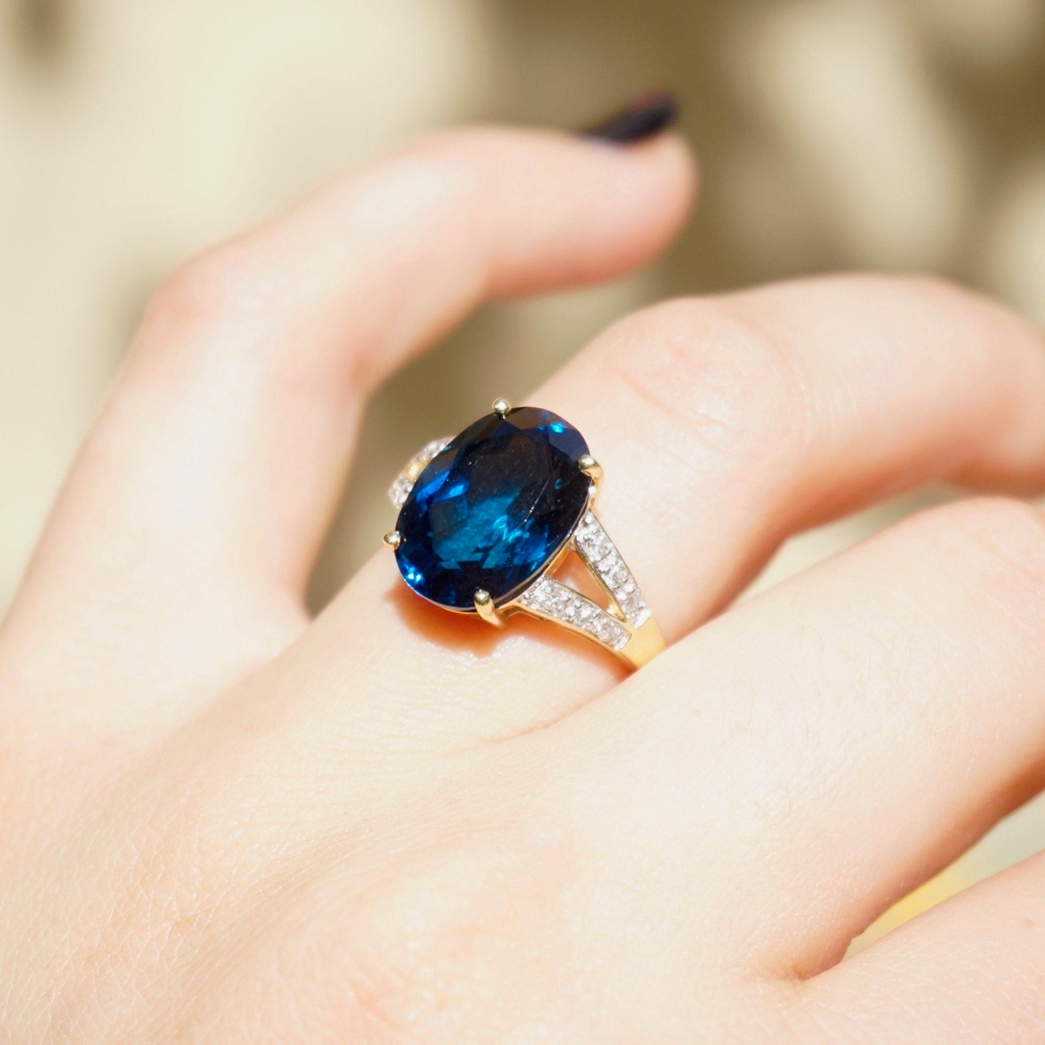 Vintage 14k Gold Aquamarine/Blue Topaz Ring With Accent Diamonds, Gold Cocktail Ring With Raised Stone and Diamonds, 14K Jewelry