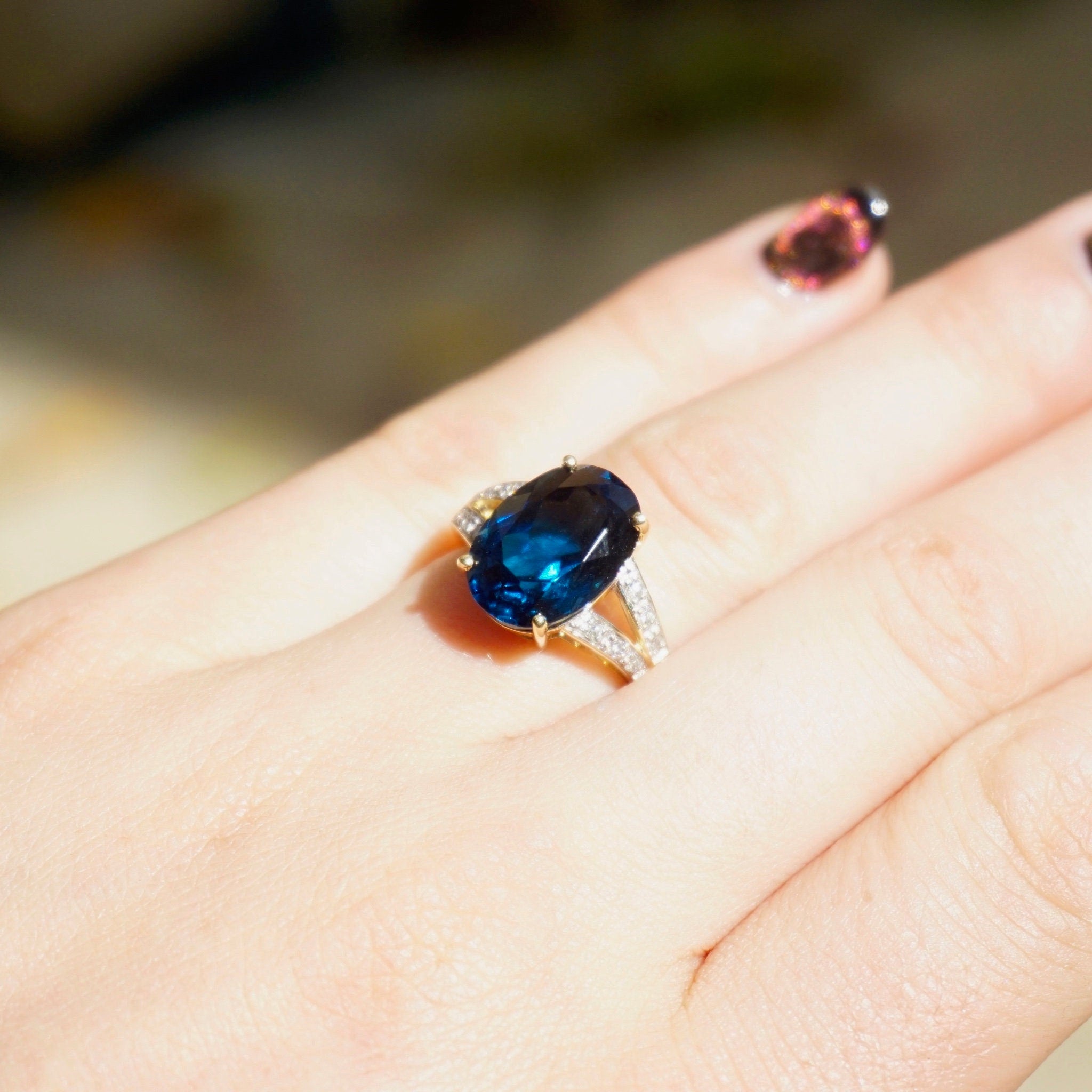 Vintage 14k Gold Aquamarine/Blue Topaz Ring With Accent Diamonds, Gold Cocktail Ring With Raised Stone and Diamonds, 14K Jewelry