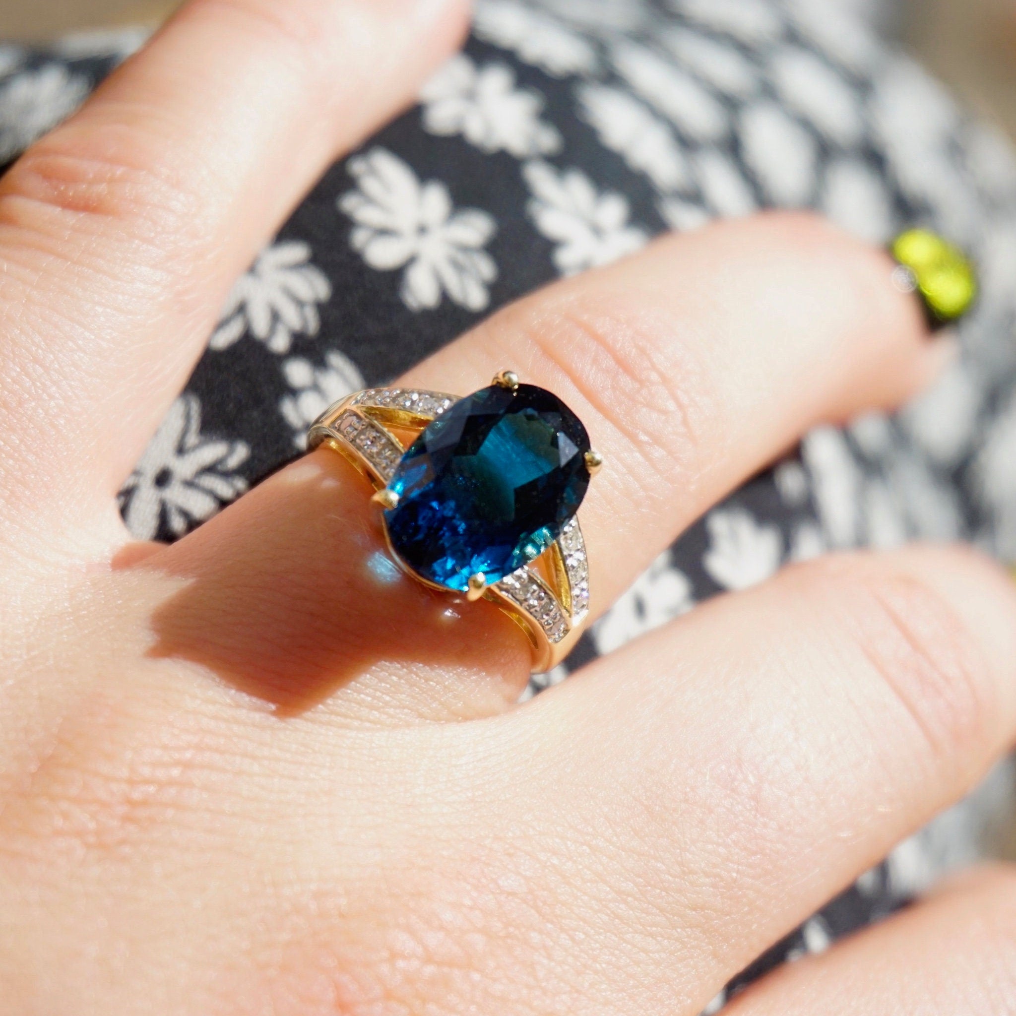 Vintage 14k Gold Aquamarine/Blue Topaz Ring With Accent Diamonds, Gold Cocktail Ring With Raised Stone and Diamonds, 14K Jewelry
