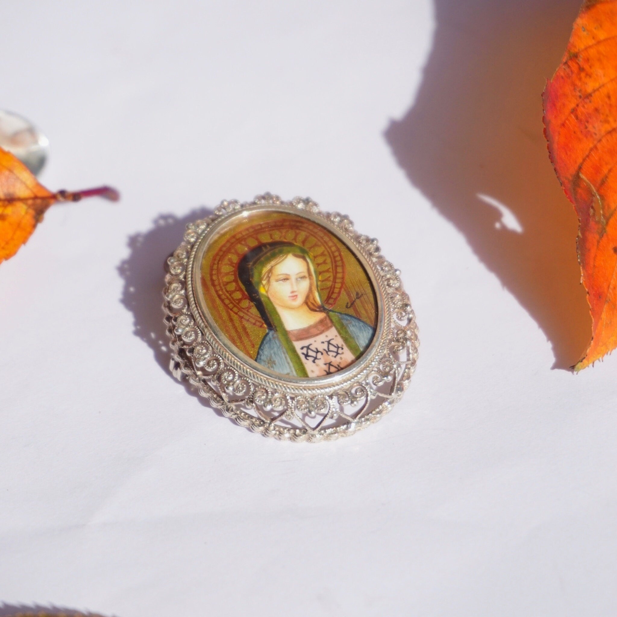 Brooch, Never Worn Silver Pendant With Beautiful Mother of Mary Idol