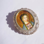 Vintage Hand Painted Russian Mother Of Mary Silver Filagree Pendant/Brooch, Never Worn Silver Pendant With Beautiful Mother of Mary Idol