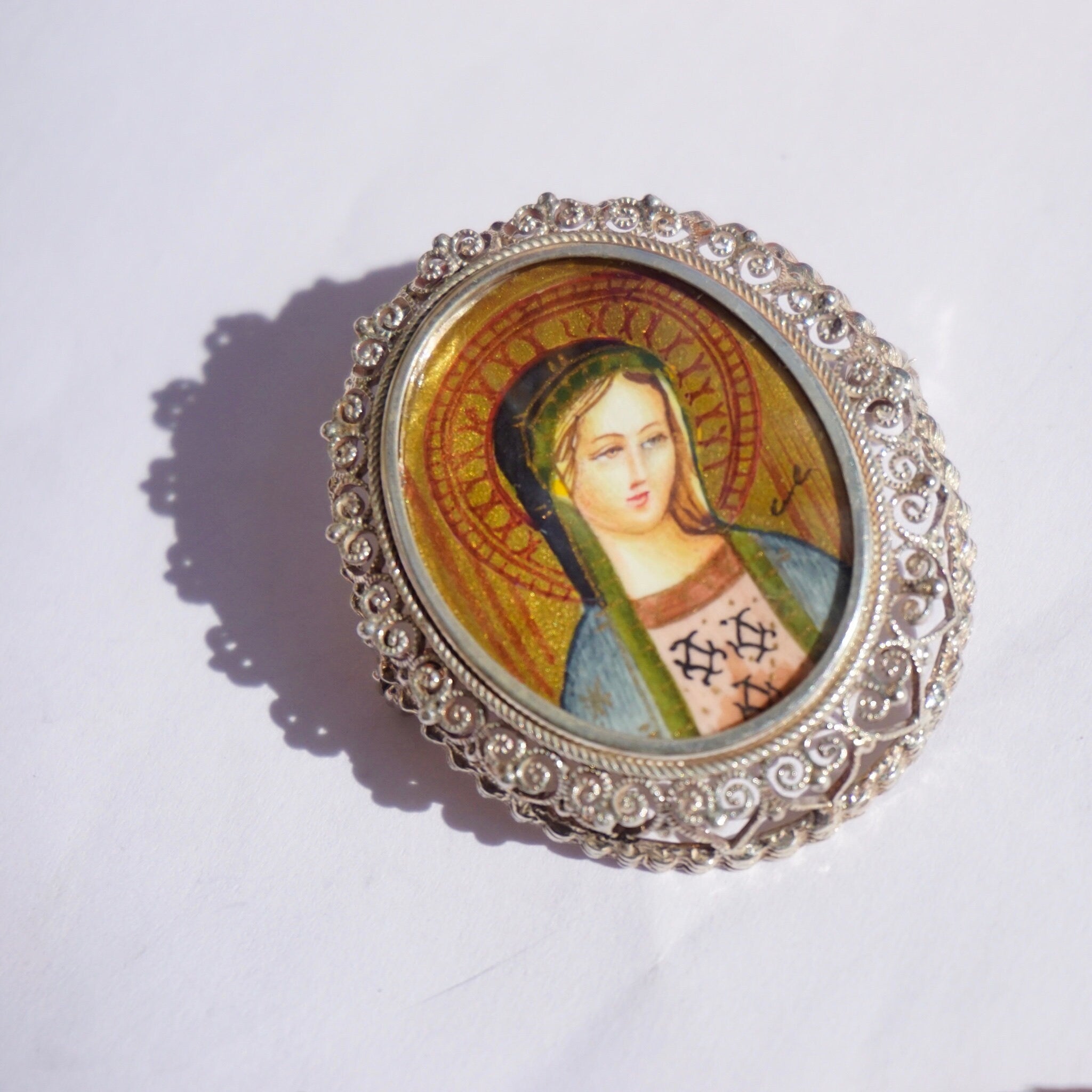 Vintage Hand Painted Russian Mother Of Mary Silver Filagree Pendant/Brooch, Never Worn Silver Pendant With Beautiful Mother of Mary Idol