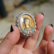 Vintage Hand Painted Russian Mother Of Mary Silver Filagree Pendant/Brooch, Never Worn Silver Pendant With Beautiful Mother of Mary Idol