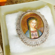 Vintage Hand Painted Russian Mother Of Mary Silver Filagree Pendant/Brooch, Never Worn Silver Pendant With Beautiful Mother of Mary Idol