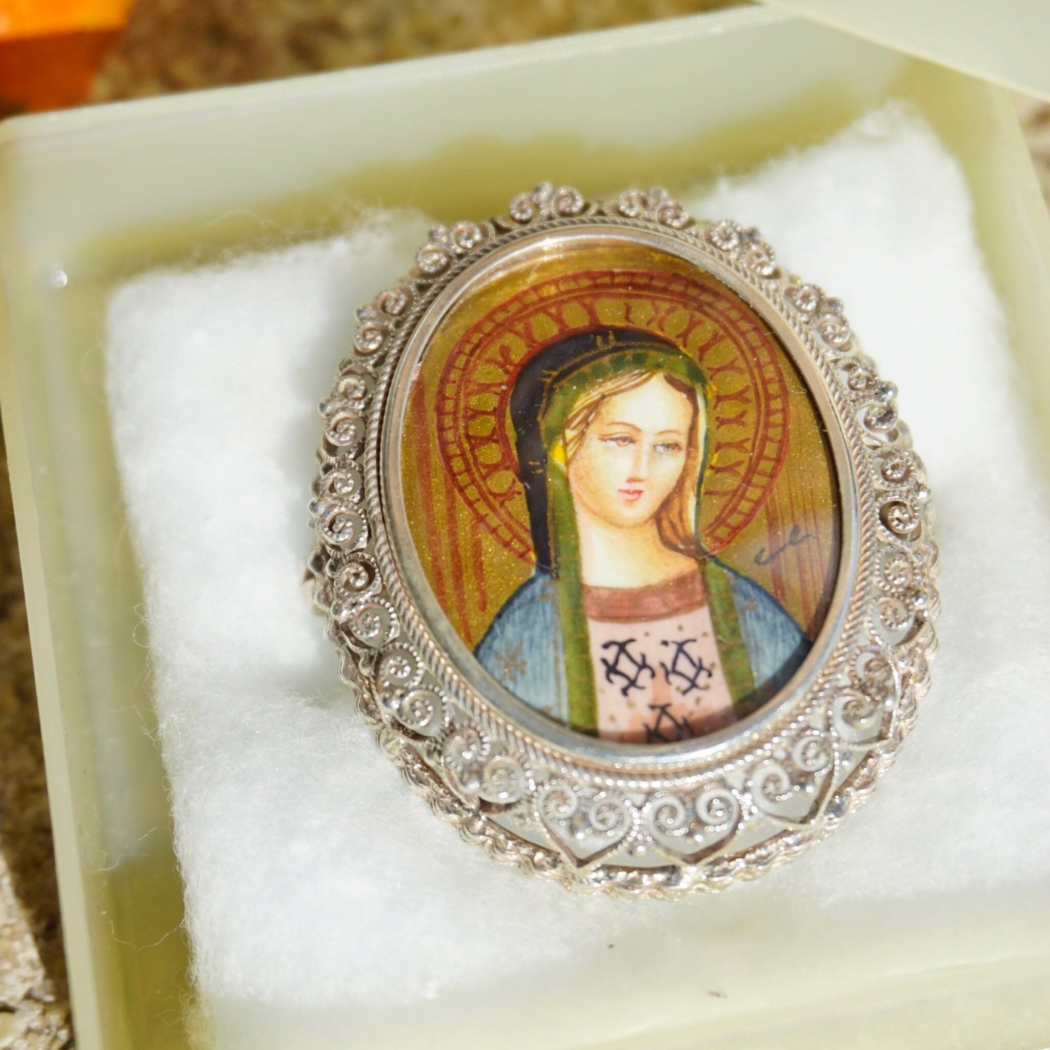Vintage Hand Painted Russian Mother Of Mary Silver Filagree Pendant/Brooch, Never Worn Silver Pendant With Beautiful Mother of Mary Idol