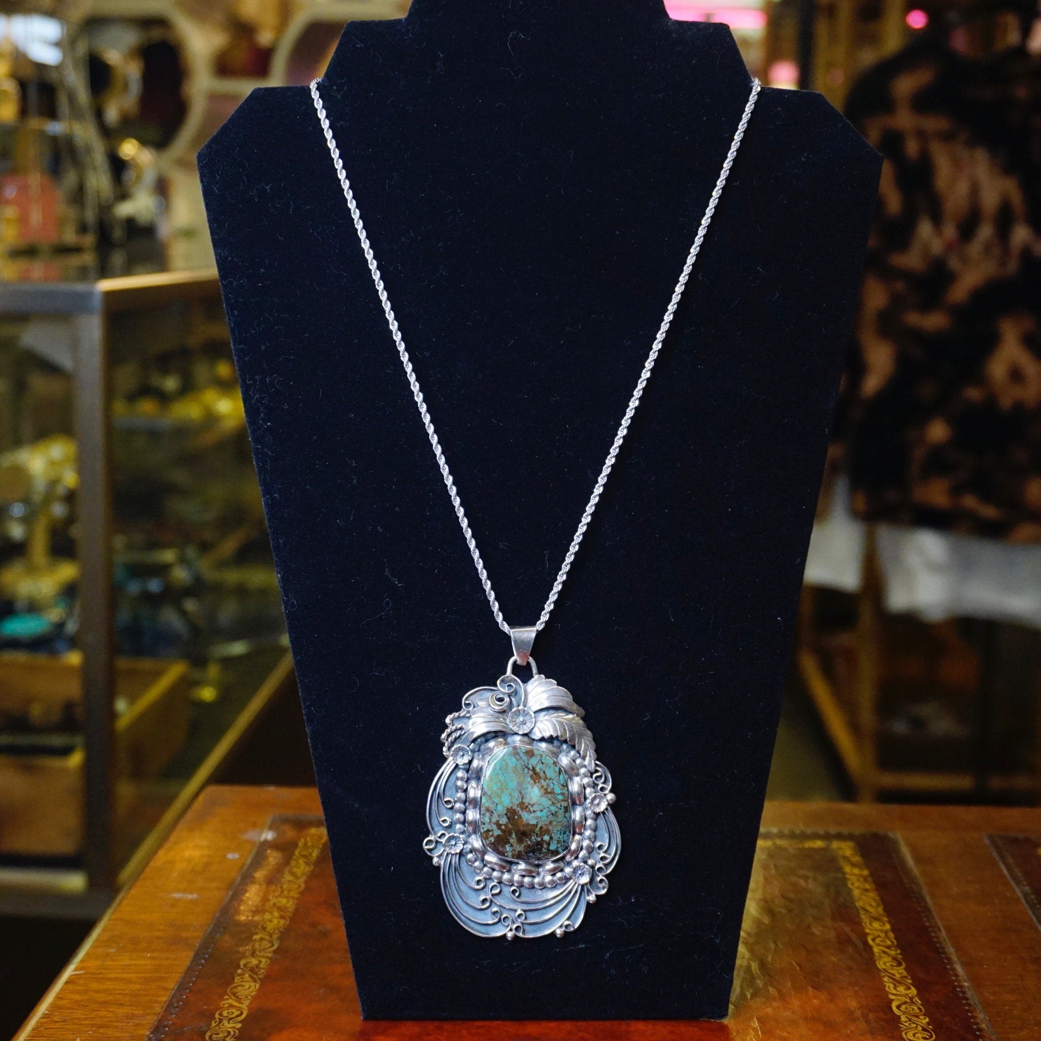 Vintage Sterling Silver Turquoise Pendant, Large Silver Pendant With Floral Embellishments, Native American Jewelry, 925