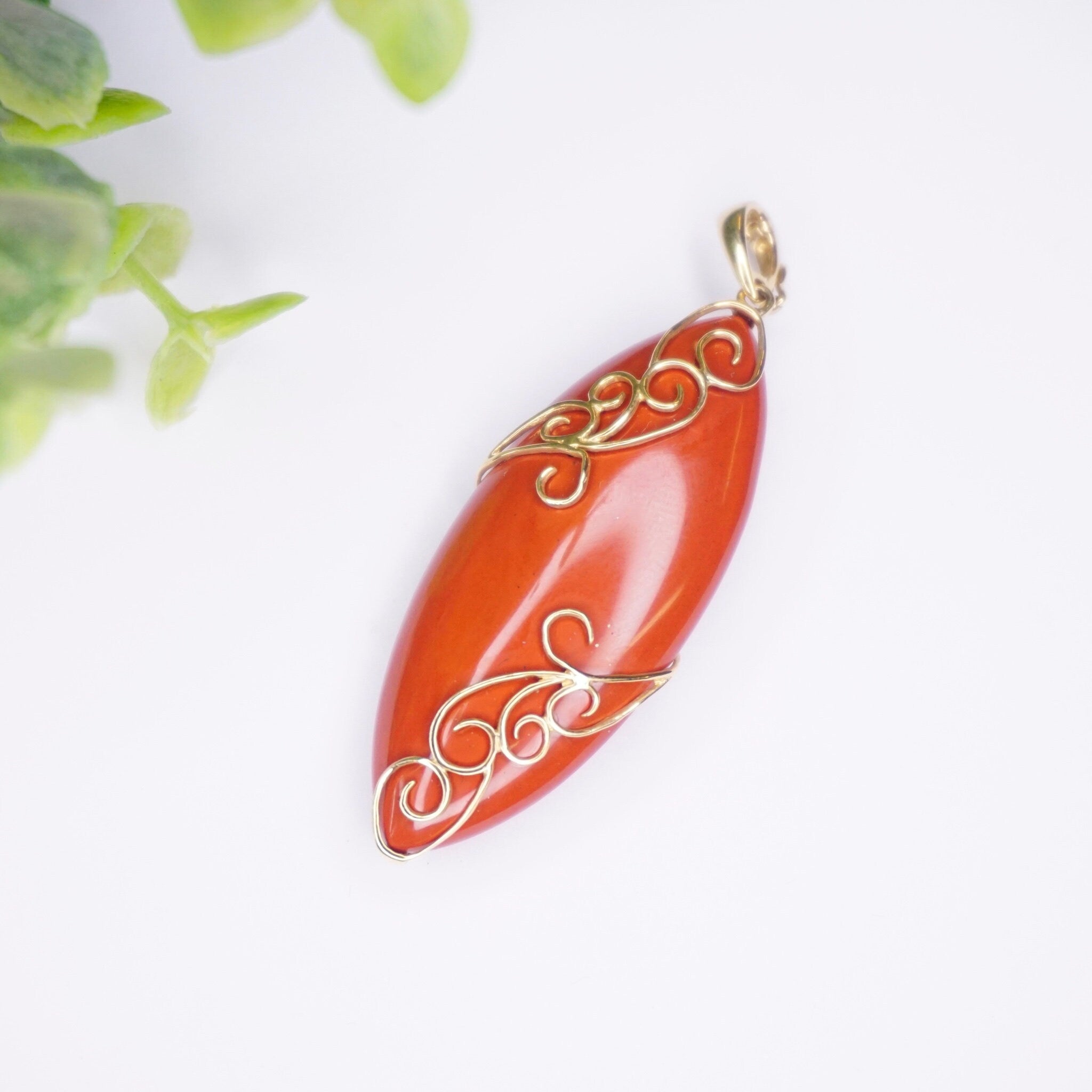 Vintage 14K Gold Orange Coral Pendant, Unique Marquise Cut Orange Coral Pendant With Gold Details, Gold Embellished Pendant, 14K FP
