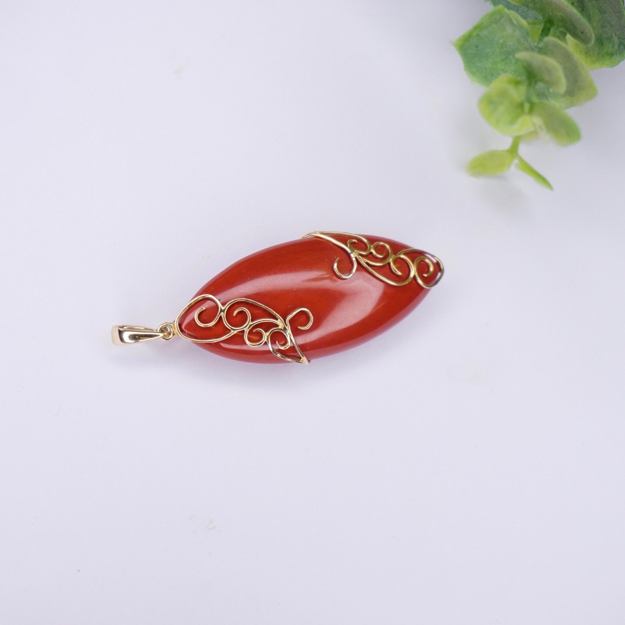 Vintage 14K Gold Orange Coral Pendant, Unique Marquise Cut Orange Coral Pendant With Gold Details, Gold Embellished Pendant, 14K FP