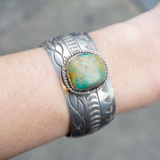 Vintage Navajo Sterling Silver Turquoise Cuff, Engraved Silver Cuff With Green Turquoise, Sterling A.J Platero Navajo, Old Pawn Jewelry