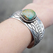 Vintage Navajo Sterling Silver Turquoise Cuff, Engraved Silver Cuff With Green Turquoise, Sterling A.J Platero Navajo, Old Pawn Jewelry