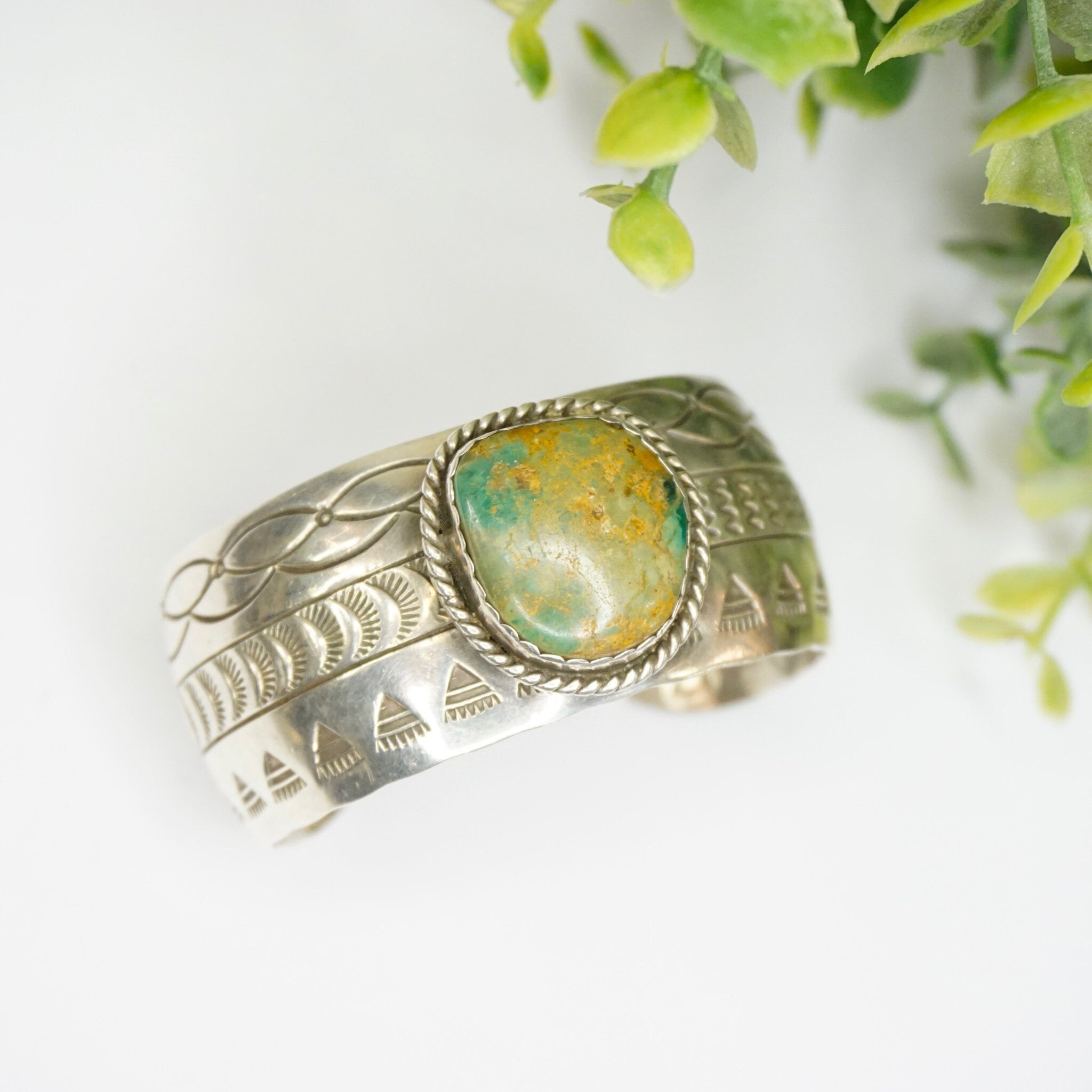 Vintage Navajo Sterling Silver Turquoise Cuff, Engraved Silver Cuff With Green Turquoise, Sterling A.J Platero Navajo, Old Pawn Jewelry
