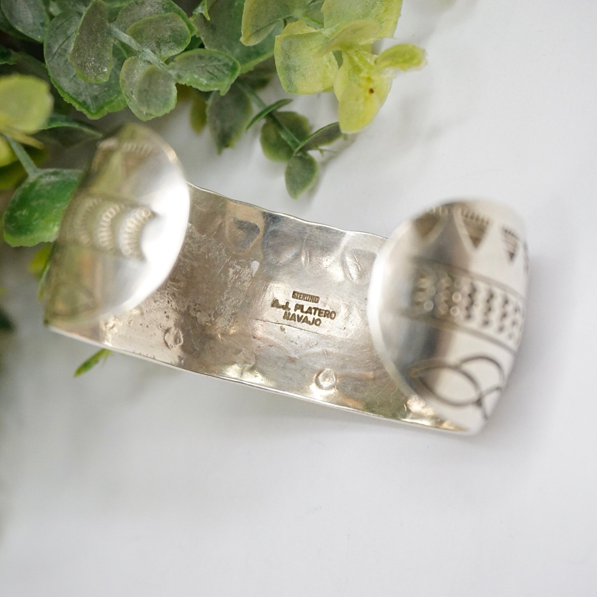 Vintage Navajo Sterling Silver Turquoise Cuff, Engraved Silver Cuff With Green Turquoise, Sterling A.J Platero Navajo, Old Pawn Jewelry