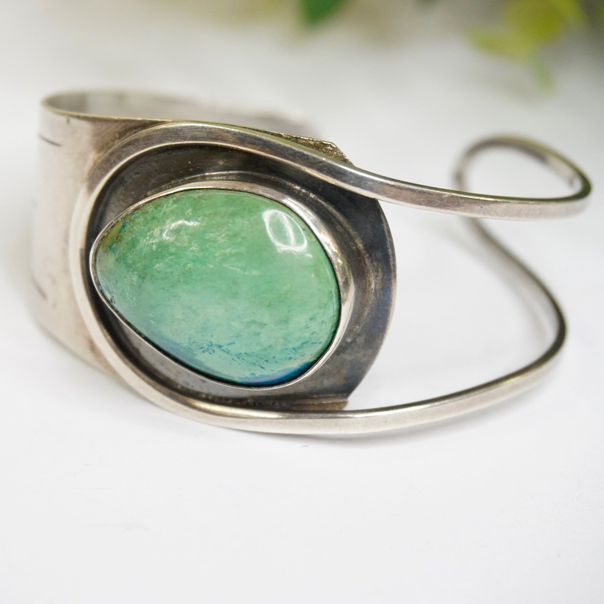Vintage Silver Cut Out Cuff With Turquoise Stone, Abstract Silver Bracelet With Natural Turquoise, Native American Jewelry, 925