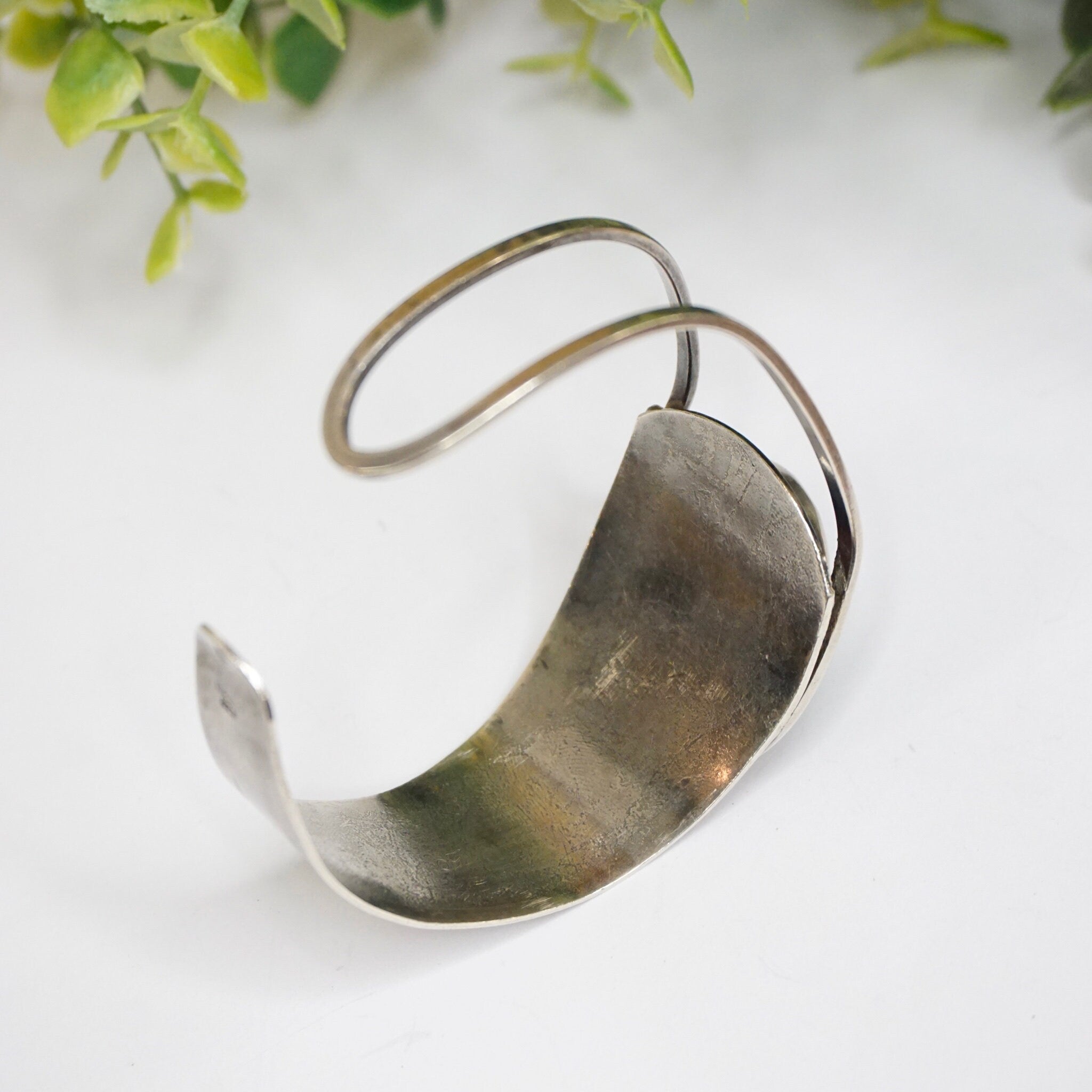 Vintage Silver Cut Out Cuff With Turquoise Stone, Abstract Silver Bracelet With Natural Turquoise, Native American Jewelry, 925