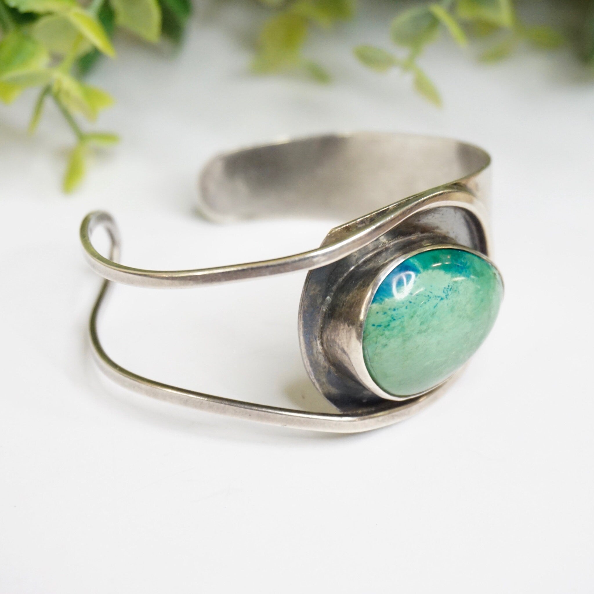 Vintage Silver Cut Out Cuff With Turquoise Stone, Abstract Silver Bracelet With Natural Turquoise, Native American Jewelry, 925